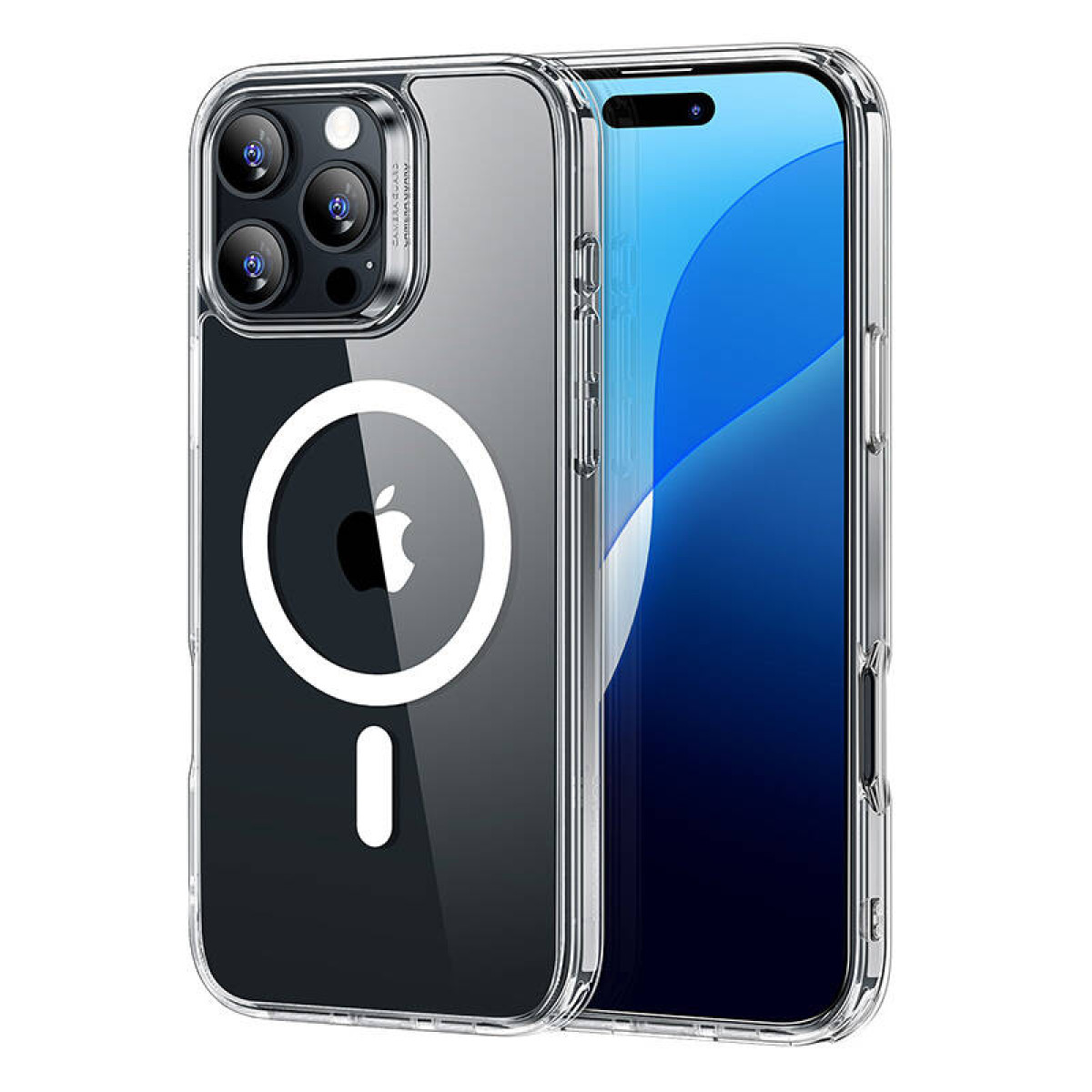 Klare Handyhülle auf einem iPhone, zeigt die Rückseite mit Kamera und weißem Apple-Logo.