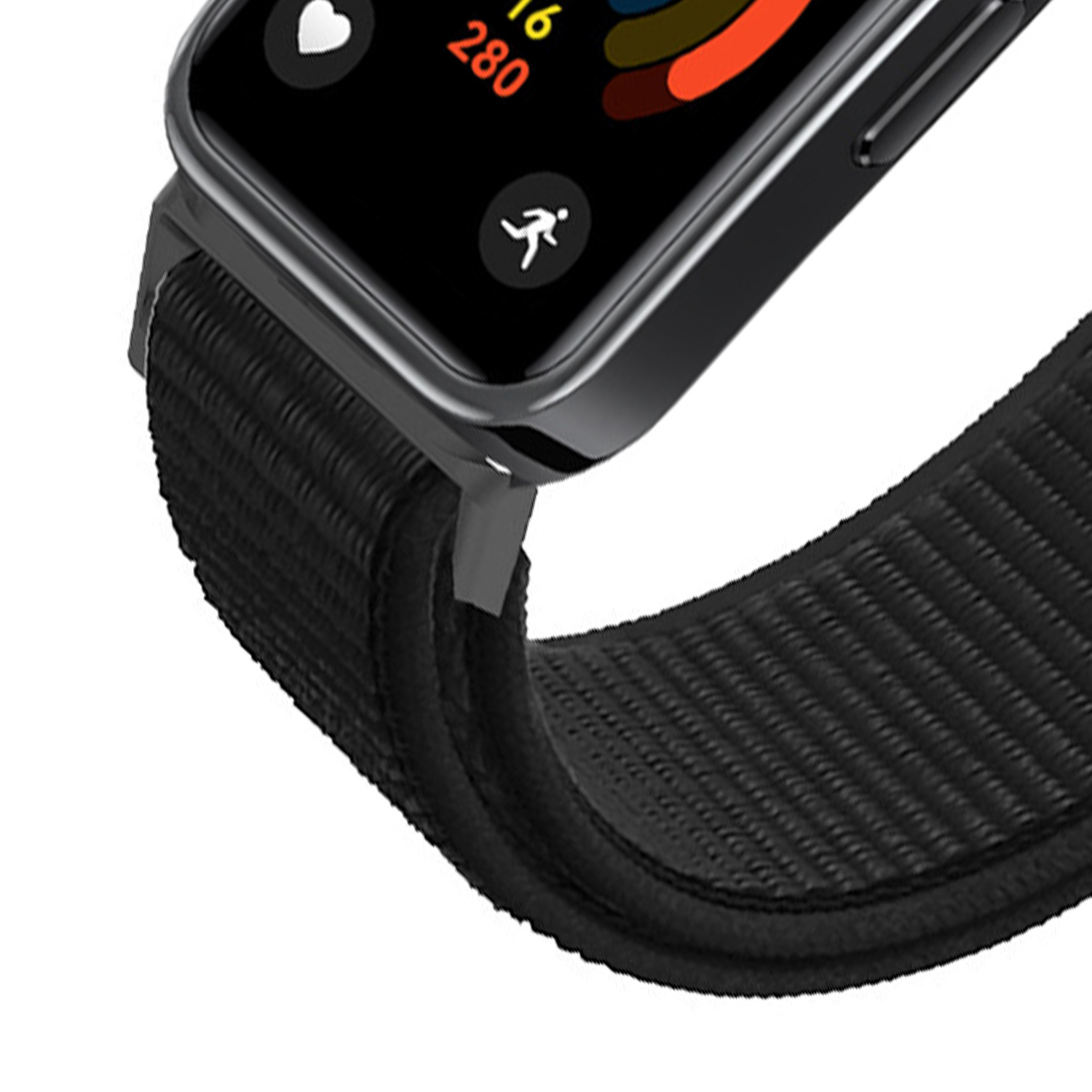 Czarny smartwatch z czarnym paskiem. Ekran wyświetla wskaźniki zdrowia.