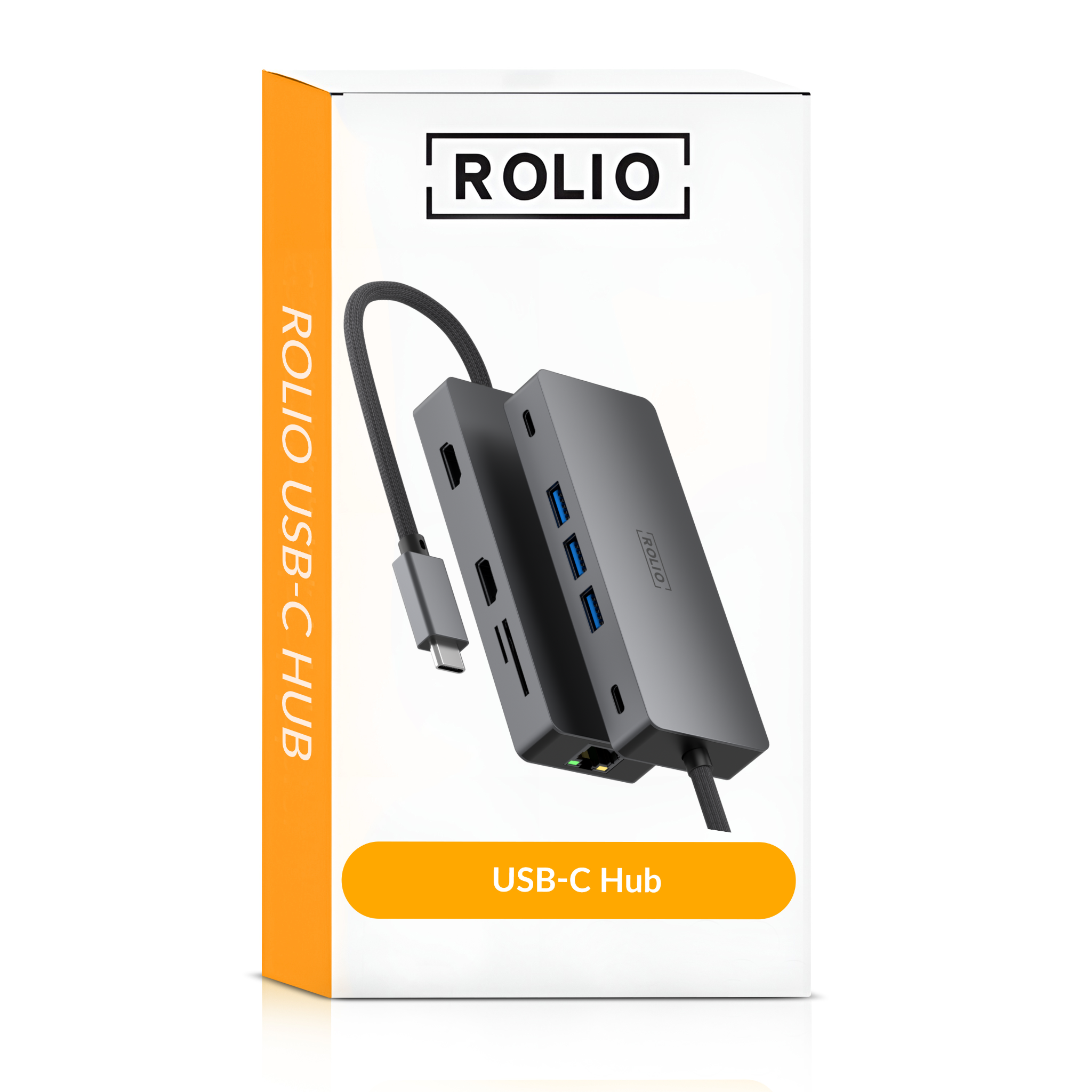 Een Rolio USB-C hub box met een hub en een USB-C kabel, alles op een witte achtergrond.