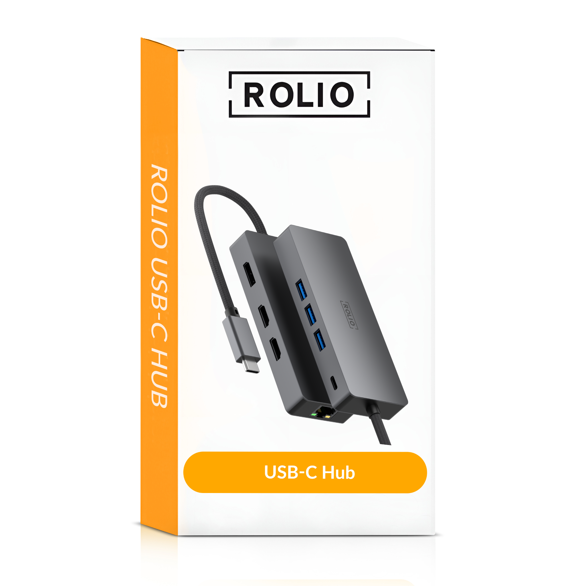 Box with a USB-C hub, gray color, with the Rolio brand.