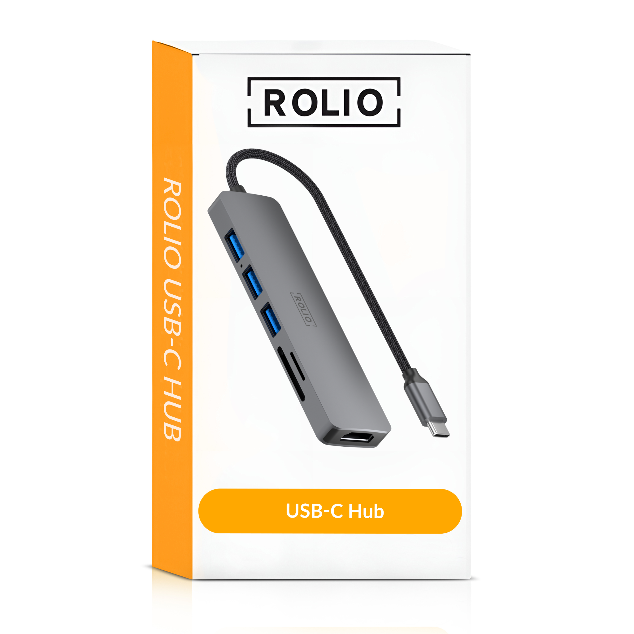 Ein Rolio USB-C-Hub in seiner Box. Der Hub ist grau und hat ein USB-C-Kabel.