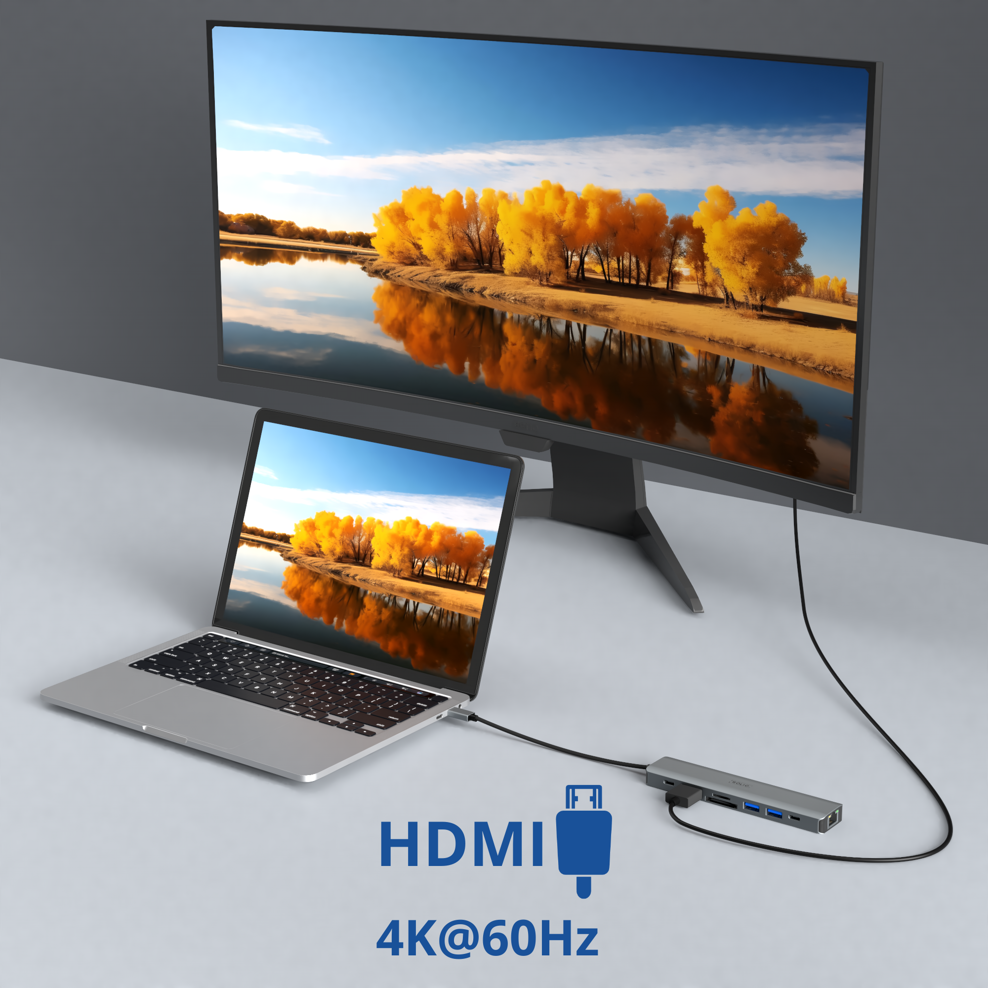 Ordinateur portable et moniteur affichant une scène de paysage. Un hub avec HDMI est connecté à l'ordinateur portable.