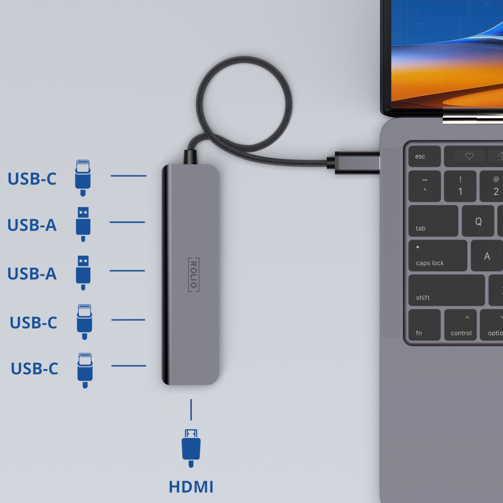 Ein USB-C-Hub, der mit einem Laptop verbunden ist, mit mehreren Anschlüssen und einem HDMI.