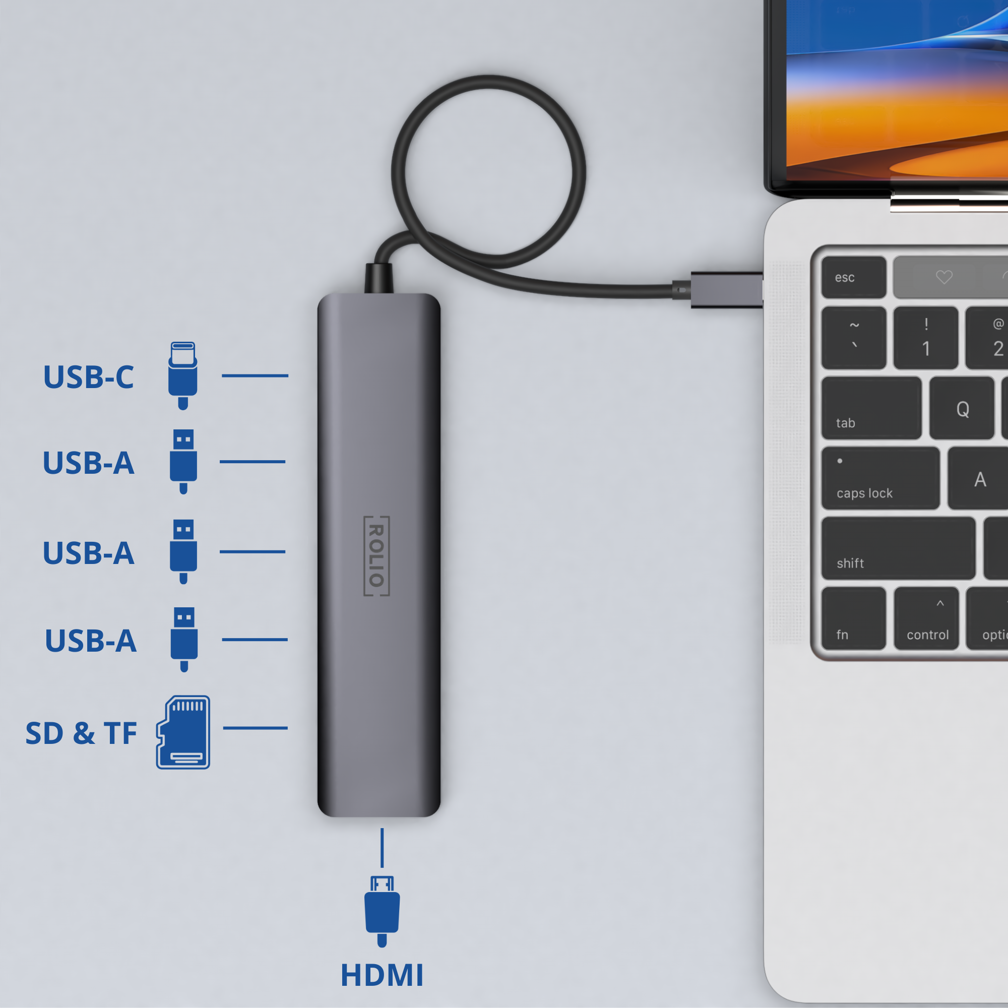 Een USB-hub met meerdere poorten aangesloten op een laptop, met labels voor elke poort.