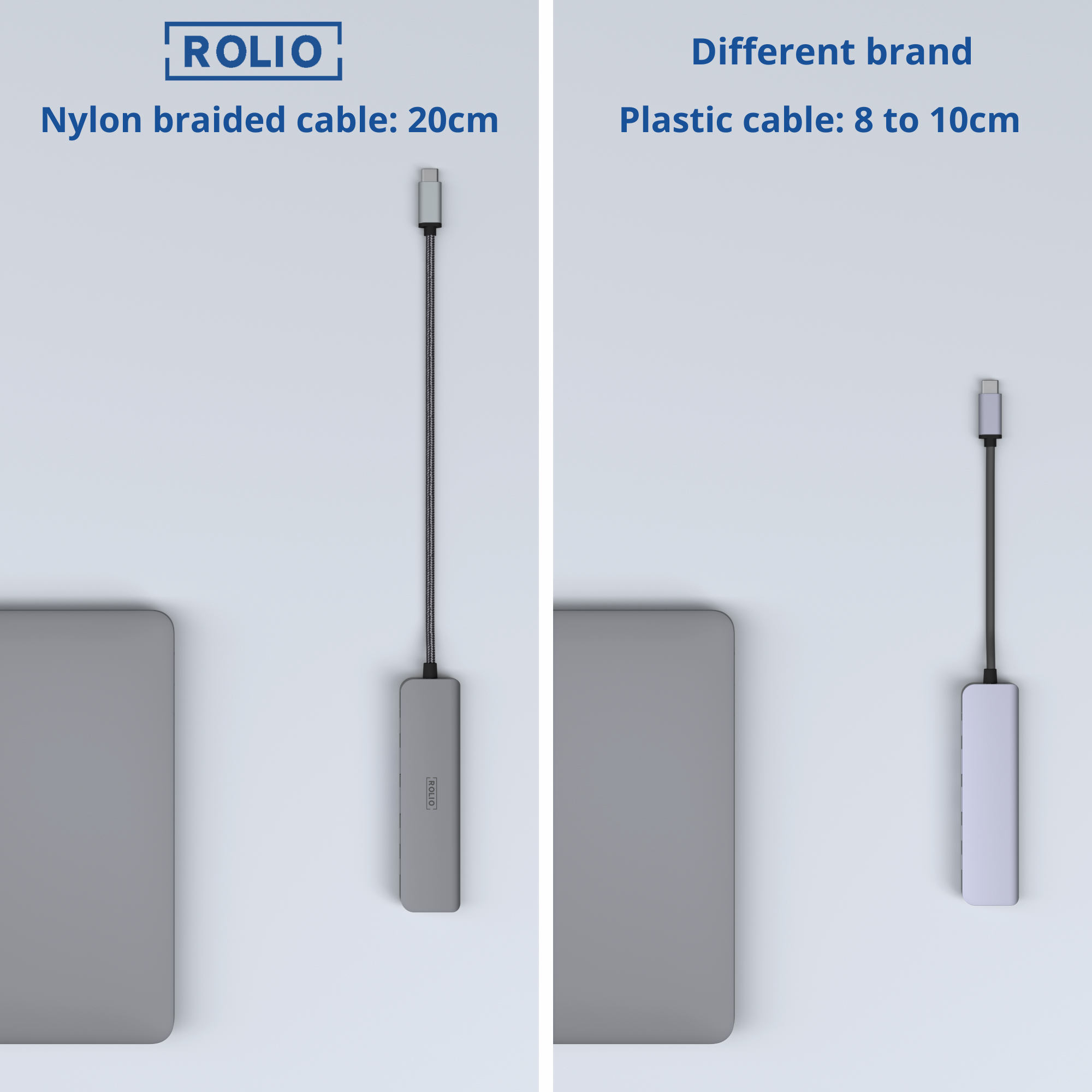 Zwei Kabel: Nylon geflochten 20cm, Kunststoff 8-10cm. Beide haben Stecker. Links: Laptop.