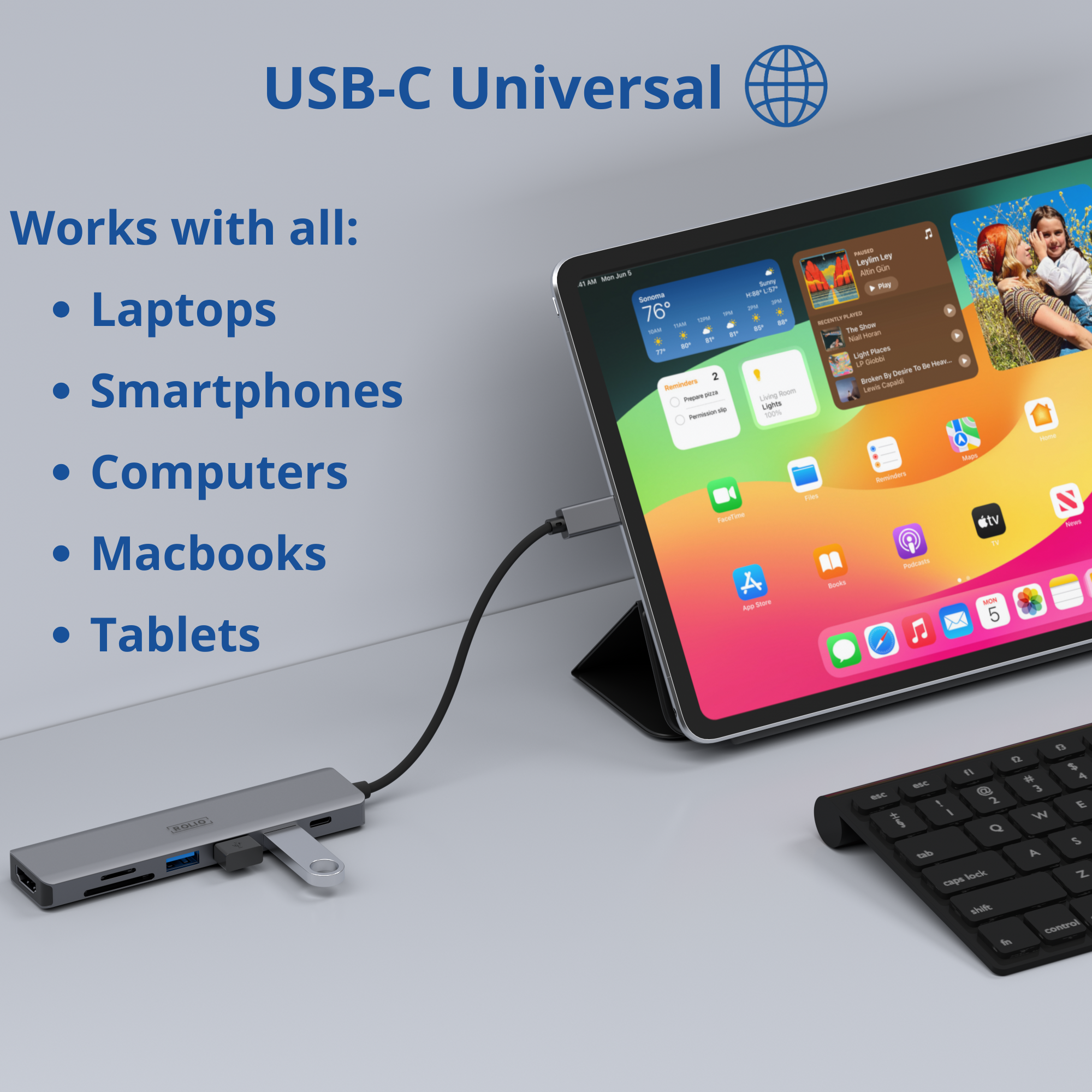 Tablet aangesloten op een hub met USB-C, plus laptops, smartphones, computers en Macbooks.