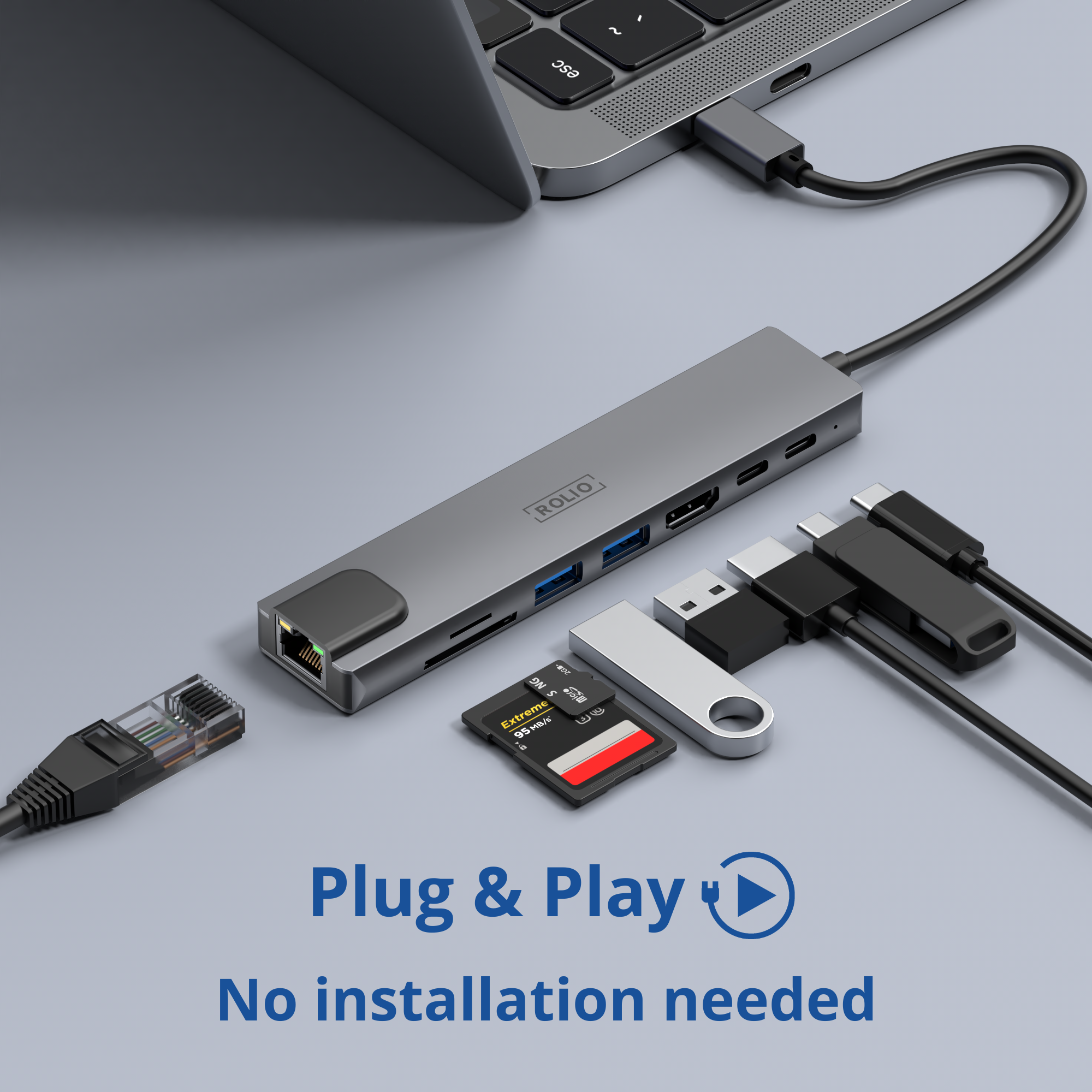 USB-C-Hub mit mehreren Anschlüssen und angeschlossenen Geräten, einschließlich Karte und Stick.