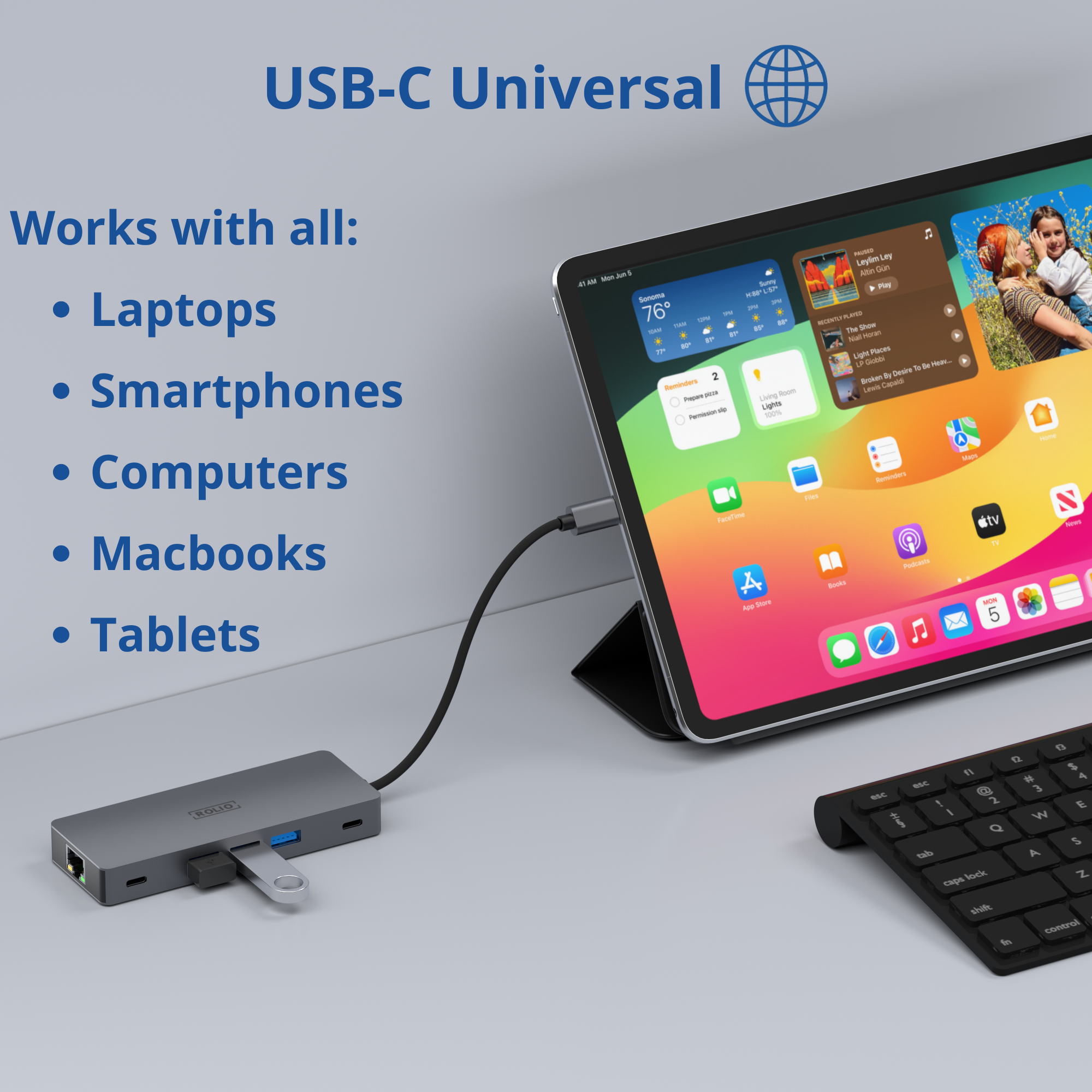 Tablet met USB-C hub, toetsenbord en tekst. USB-C Universal, Werkt met alle: Laptops, smartphones, computers, etc.