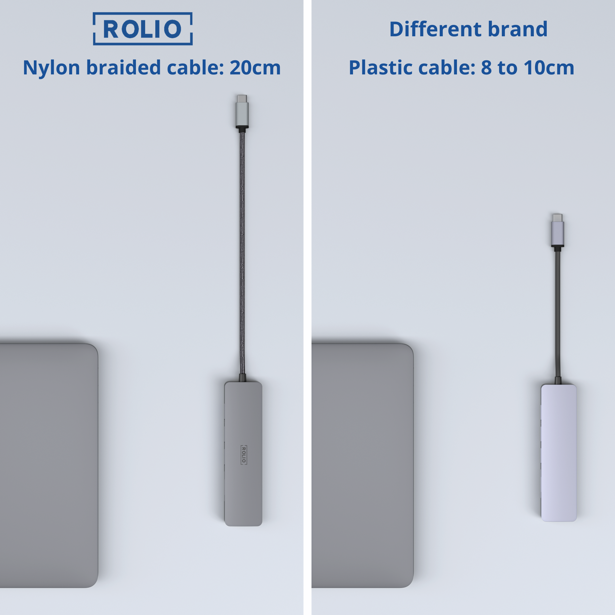 Vergleich von zwei USB-C-Kabeln für Laptops. Nylon geflochten und Plastikkabel.