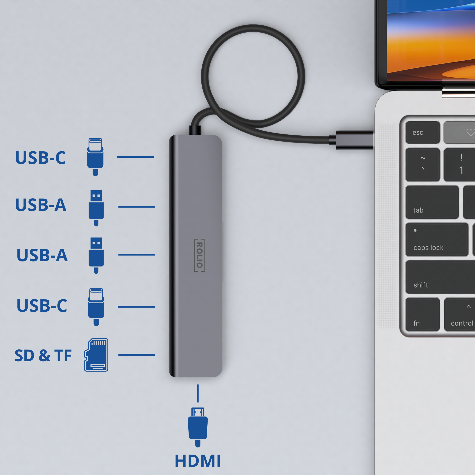 A grey hub connected to a laptop with various USB and HDMI ports. Labeled USB-C, USB-A, and SD/TF.