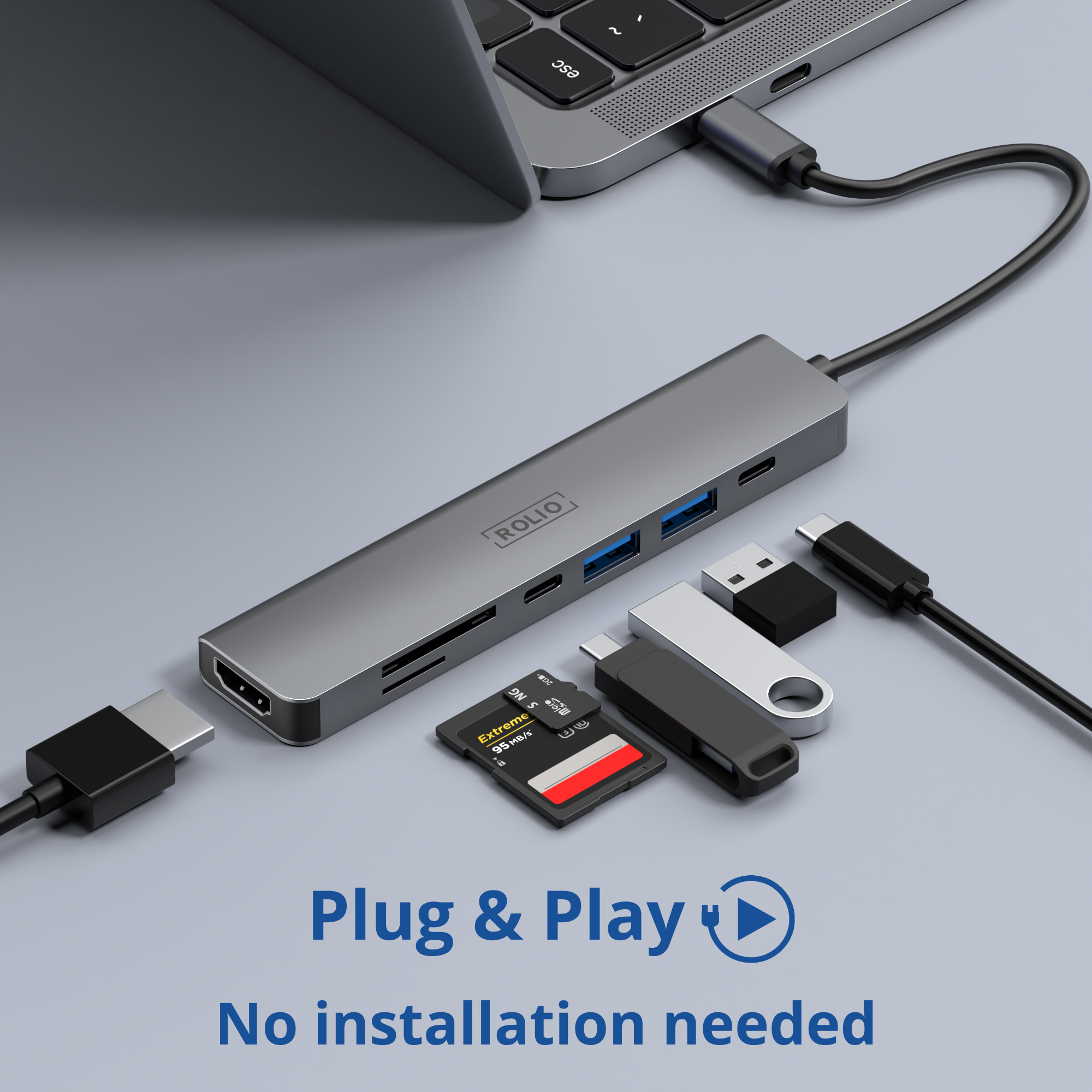 A grey USB hub with connected devices: a laptop, SD card, and USB drives.