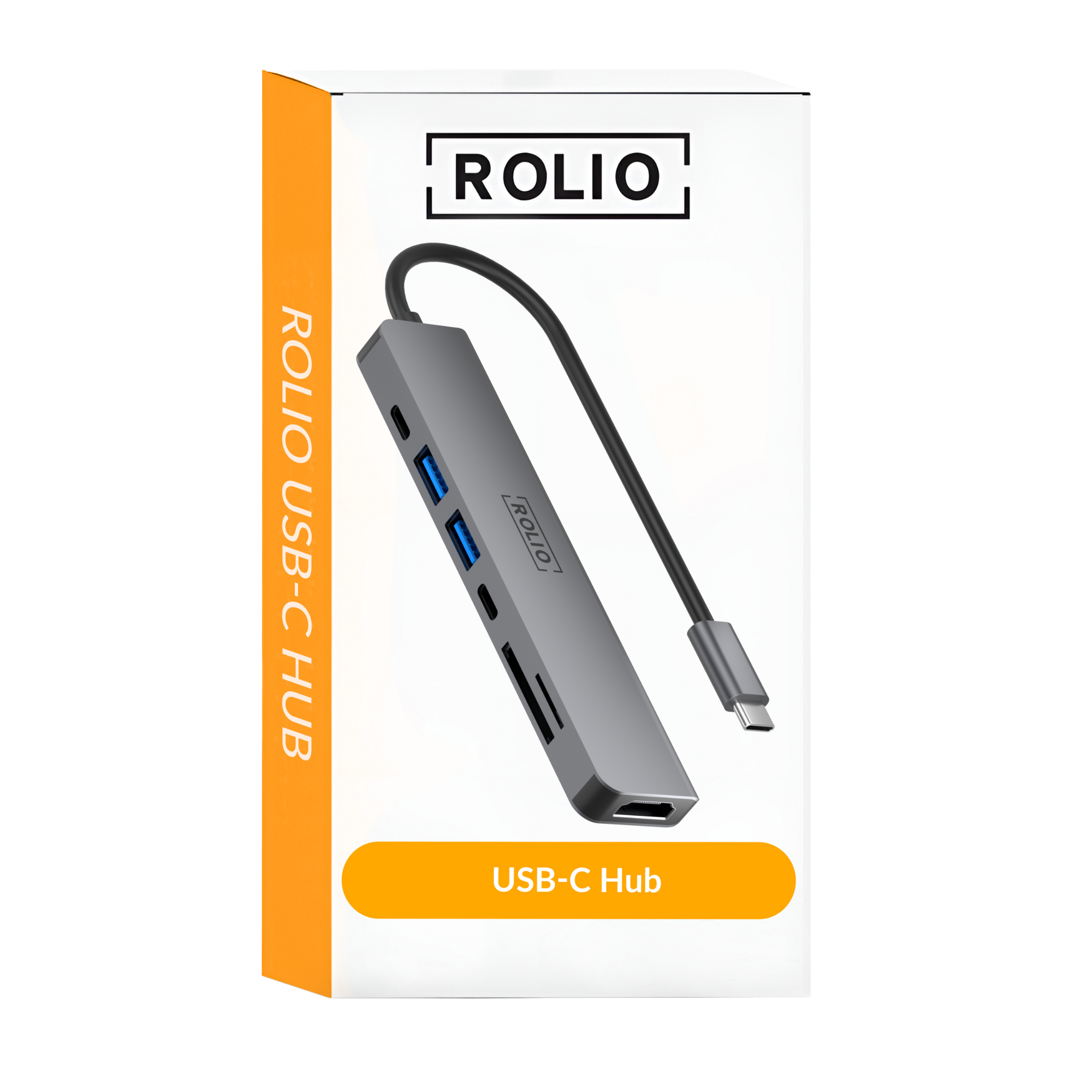 A gray USB-C hub is shown with a white box. The hub has USB and HDMI ports. The box says ROLIO.