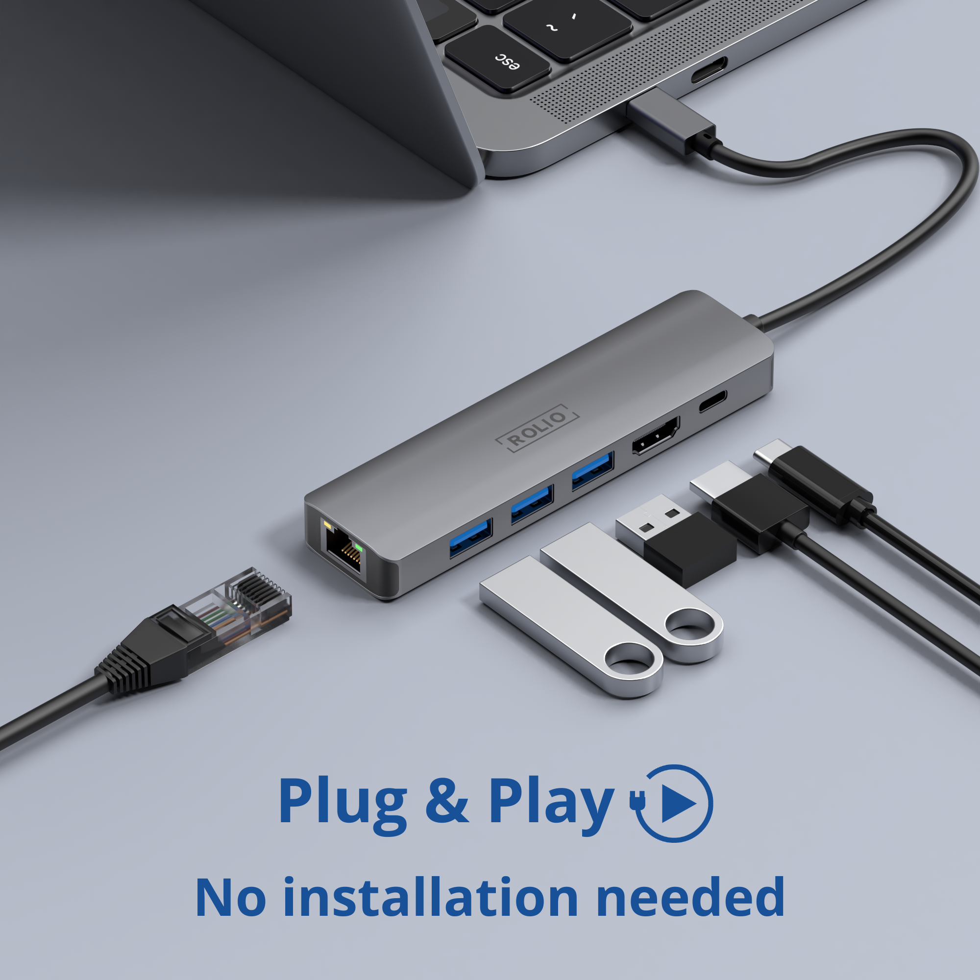 Un hub USB gris avec des câbles et des lecteurs USB. Le texte dit "Plug & Play, Aucune installation nécessaire".