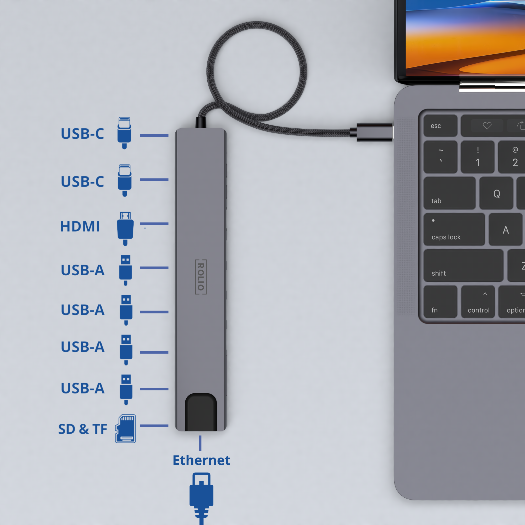 Un hub USB gris avec ports USB-C, HDMI, USB-A, SD & TF et Ethernet, connecté à un ordinateur portable.