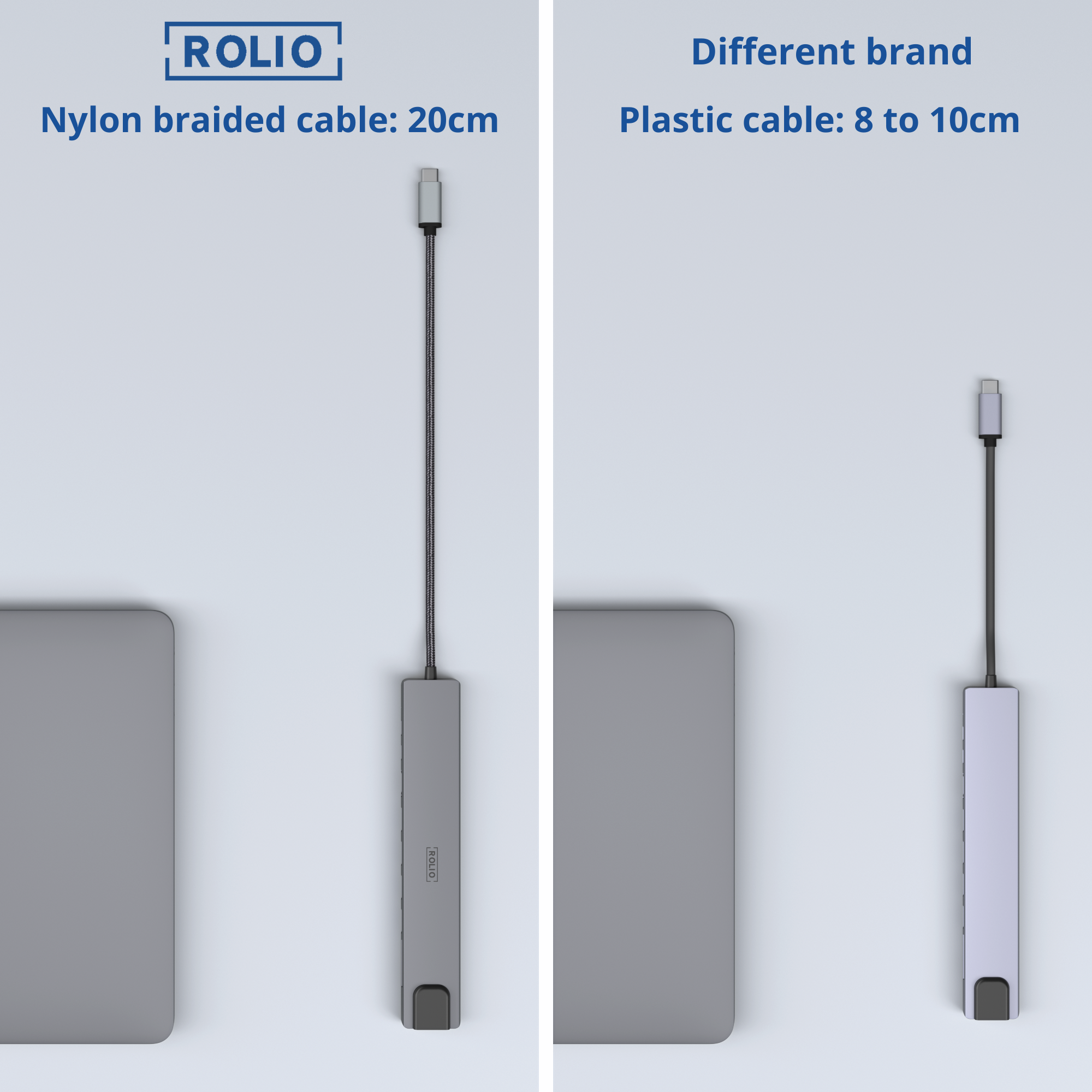 Deux câbles avec connecteurs USB-C. L'un est tressé noir, l'autre en plastique noir.
