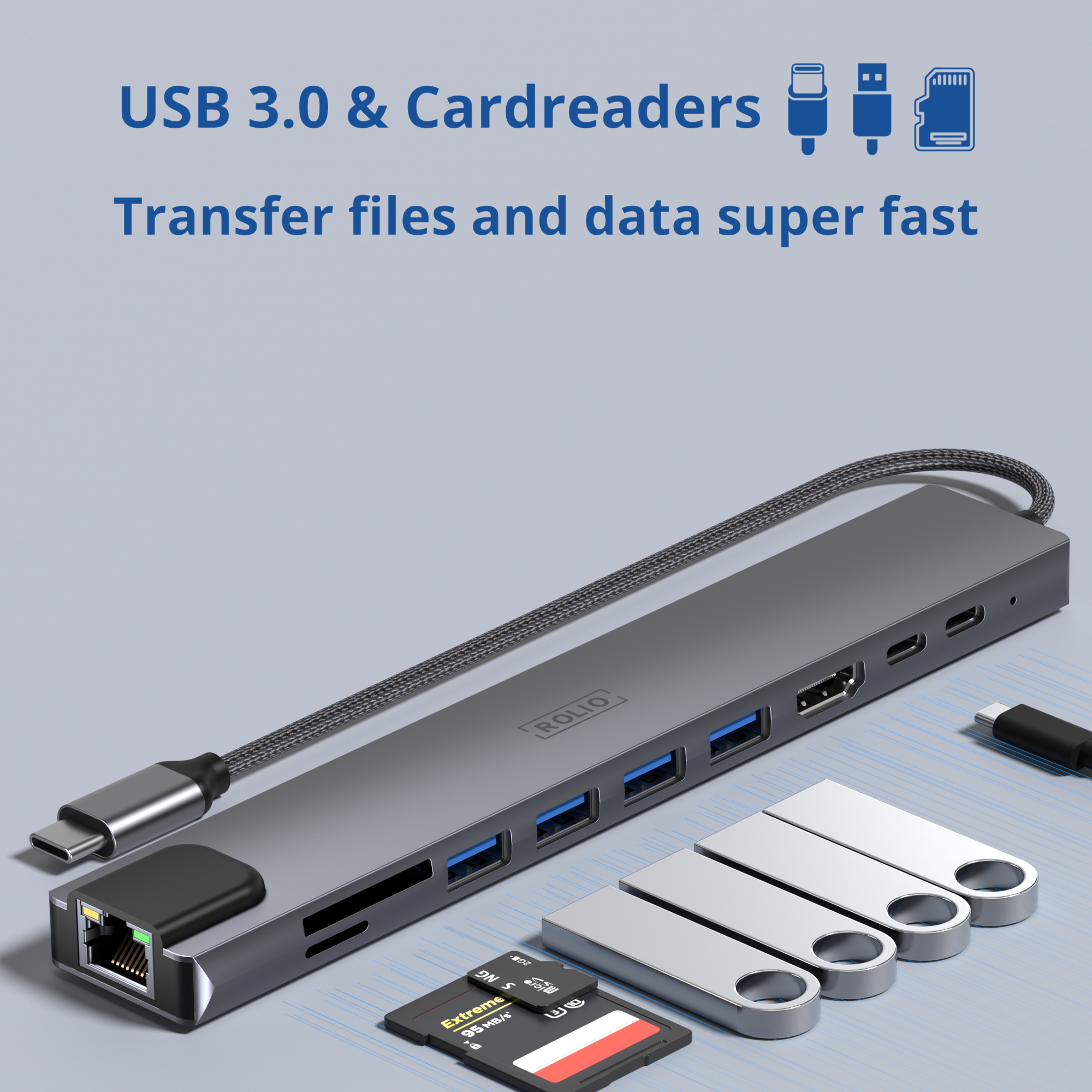 Hub USB gris avec plusieurs ports, lecteurs USB et une carte SD.
