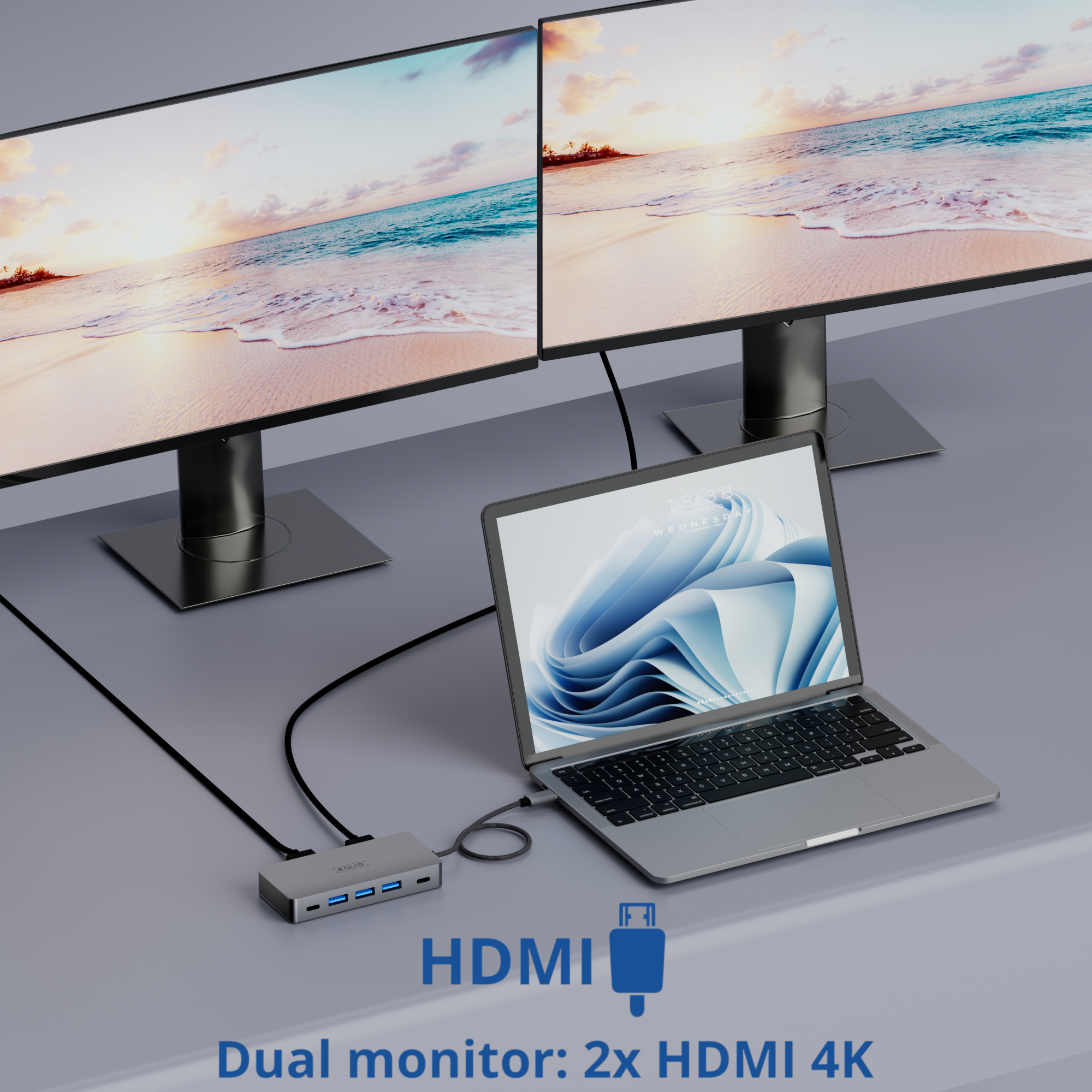 Laptop connected to dual monitors. USB hub with HDMI ports and a beach background.