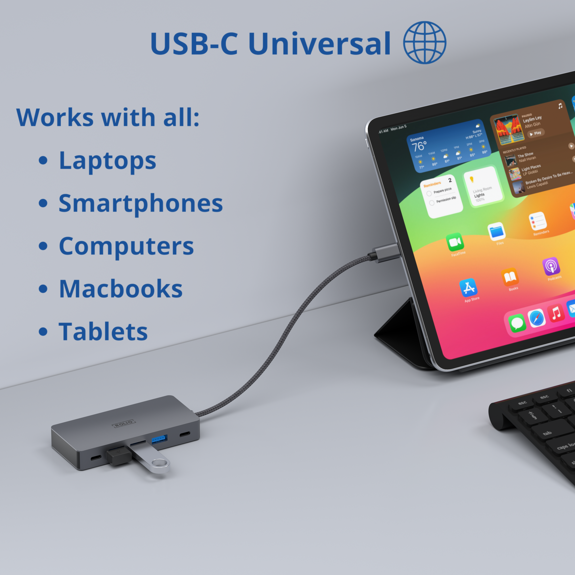 USB-C hub with tablet, keyboard, and text. Tablet is connected via cable. Text says 'Works with all'.
