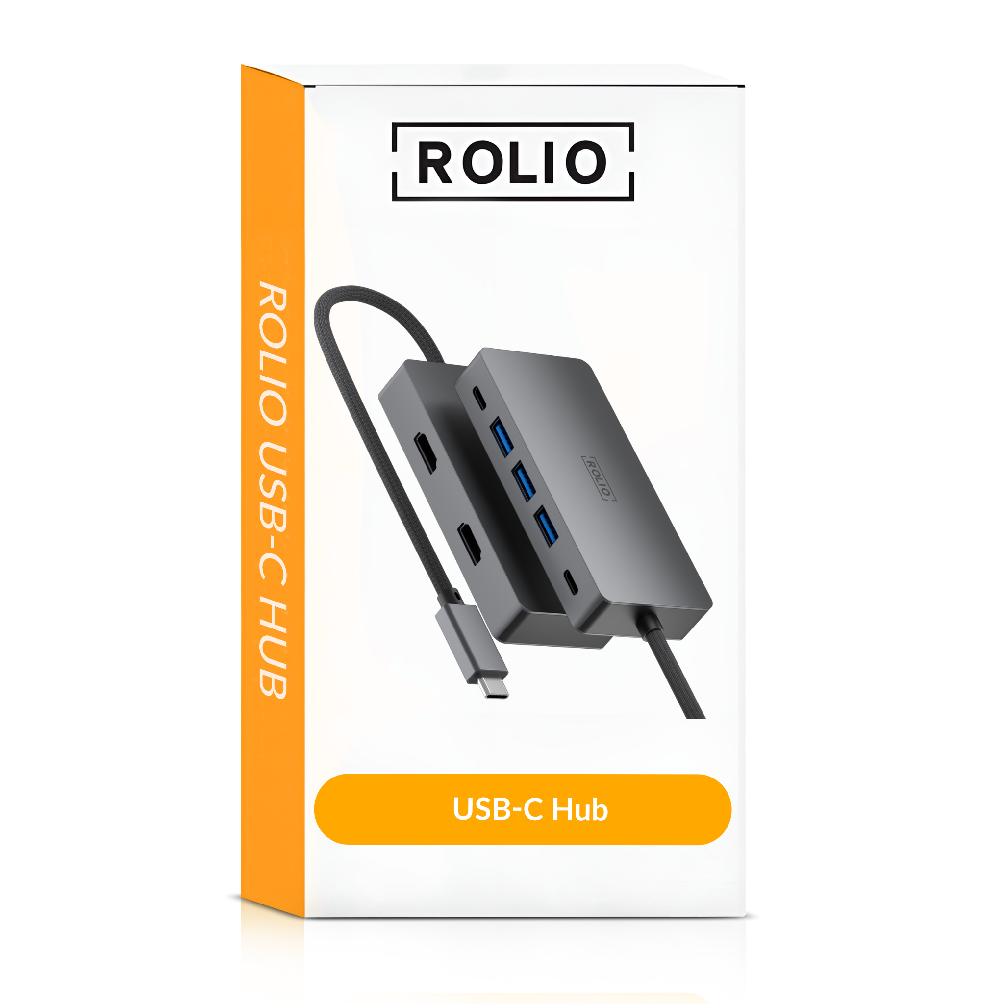 A white box with a Rolio USB-C Hub and a USB-C cable.