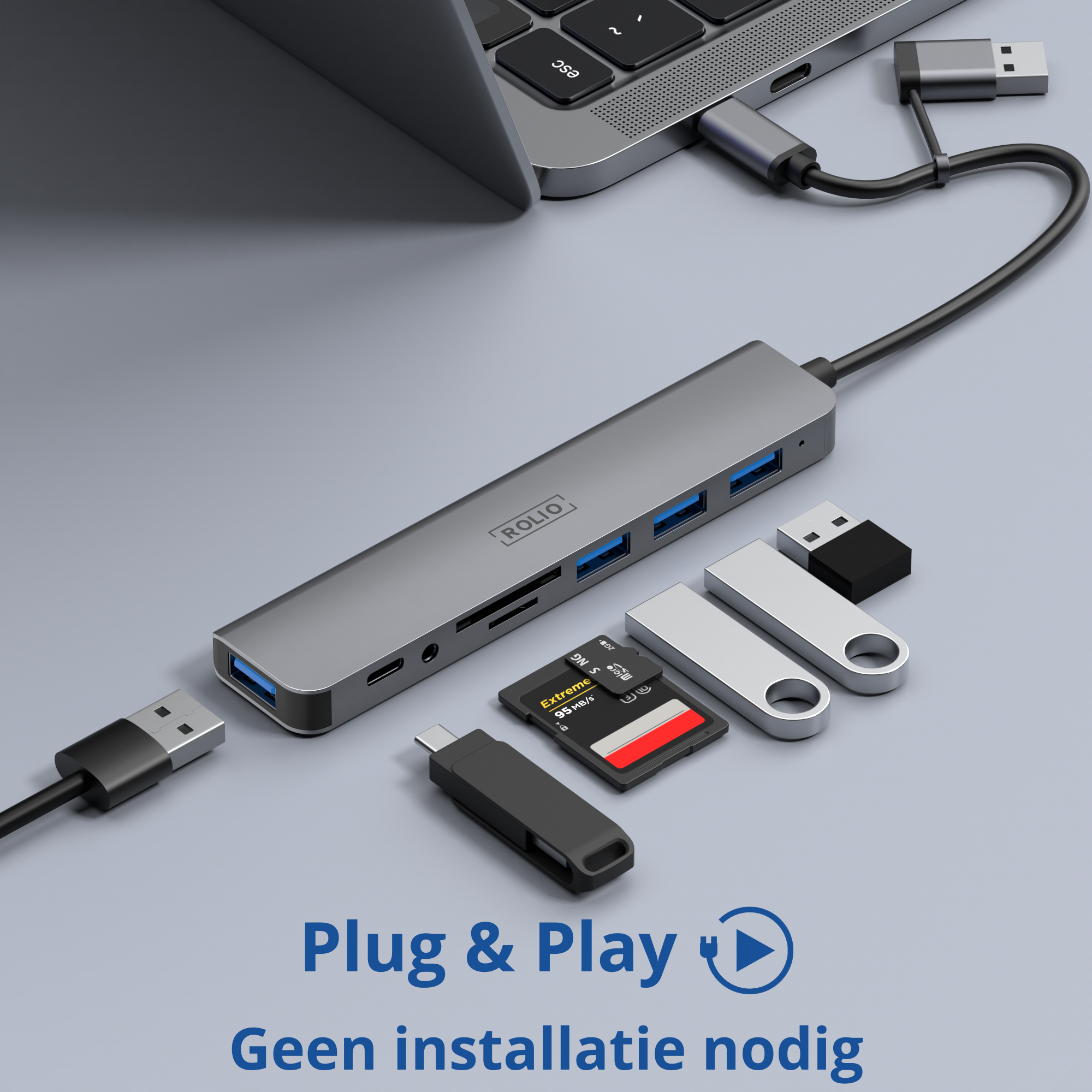 Ein grauer ROLIO-Hub mit verschiedenen angeschlossenen Geräten, USB-Laufwerken und SD-Karten.