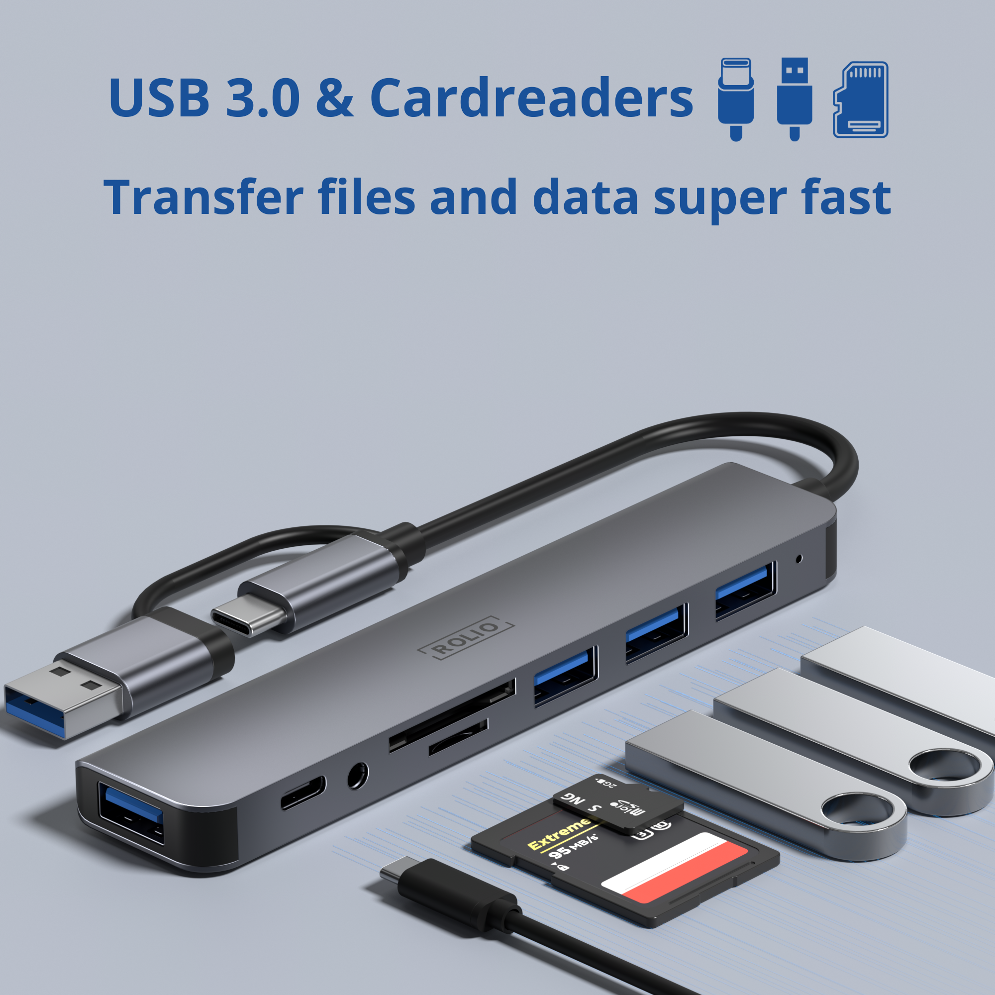Ein dunkelgrauer USB-Hub mit USB-Anschlüssen und Kartenlesern, mit USB-Laufwerken und einer SD-Karte.
