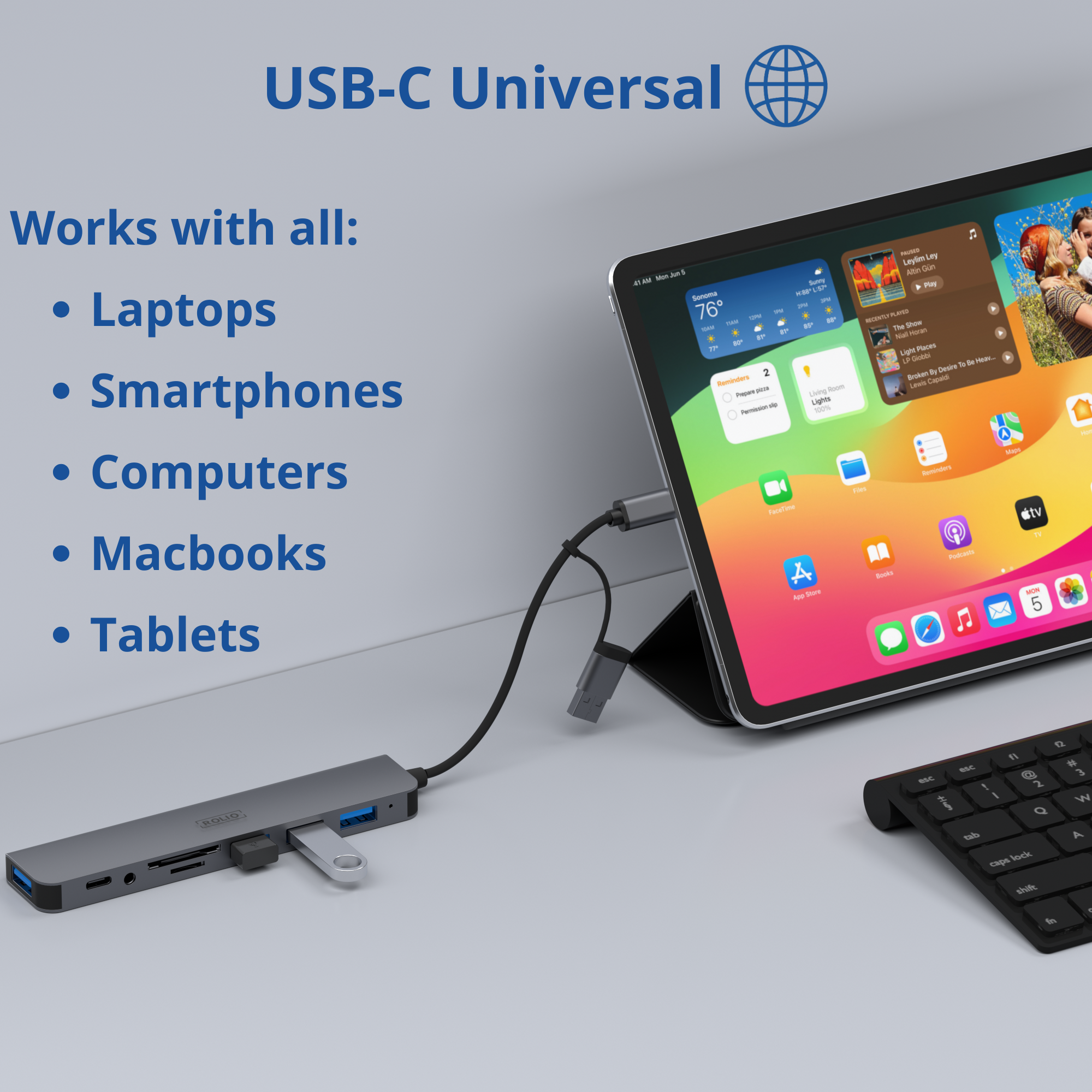 USB-C-Hub mit Tablet und Tastatur, mit anderen Geräten verbunden.