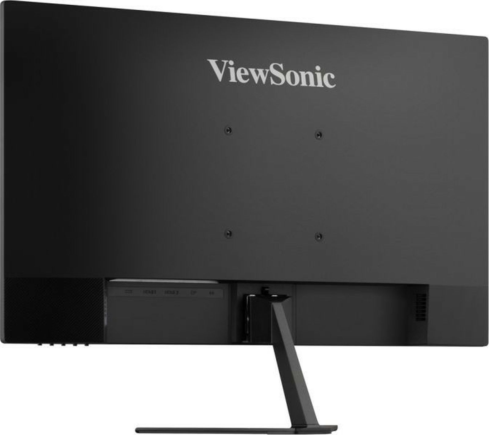 Schwarzer Computermonitor, Rückansicht. Zeigt Anschlüsse und einen Ständer. ViewSonic-Logo ist sichtbar.