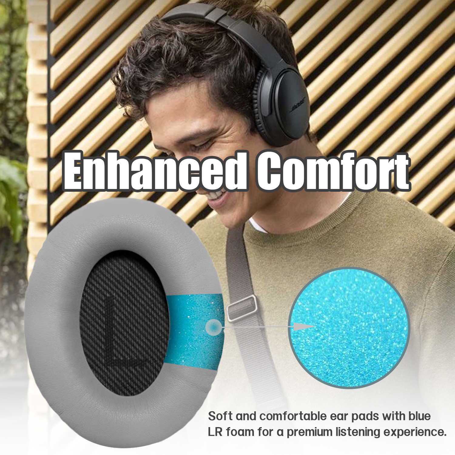 Mężczyzna w słuchawkach z szarymi nausznikami i niebieską pianką, pokazujący zwiększony komfort.