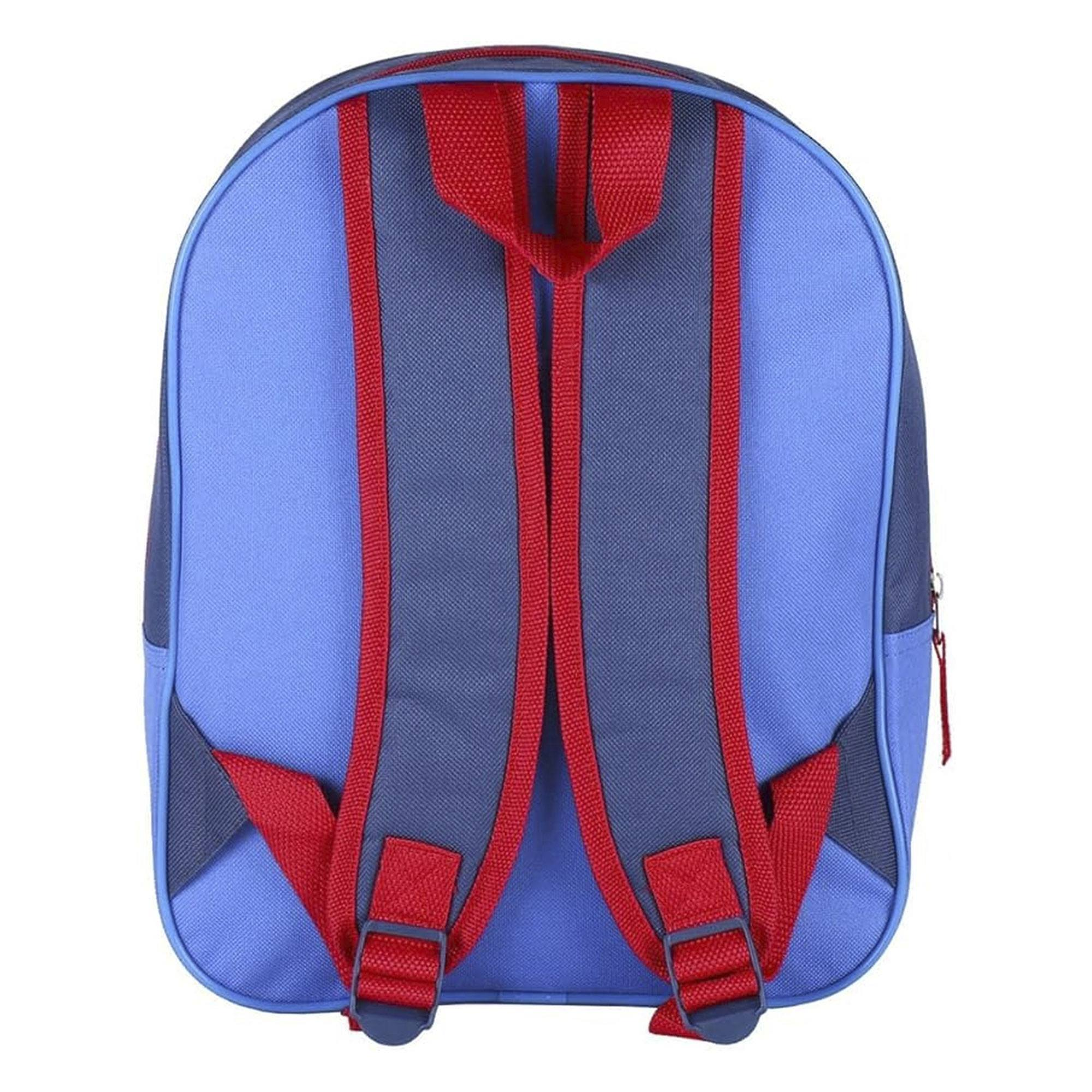Blauer Rucksack mit roten Trägern. Der Rücken hat zwei rote Träger und zwei blaue Abschnitte.