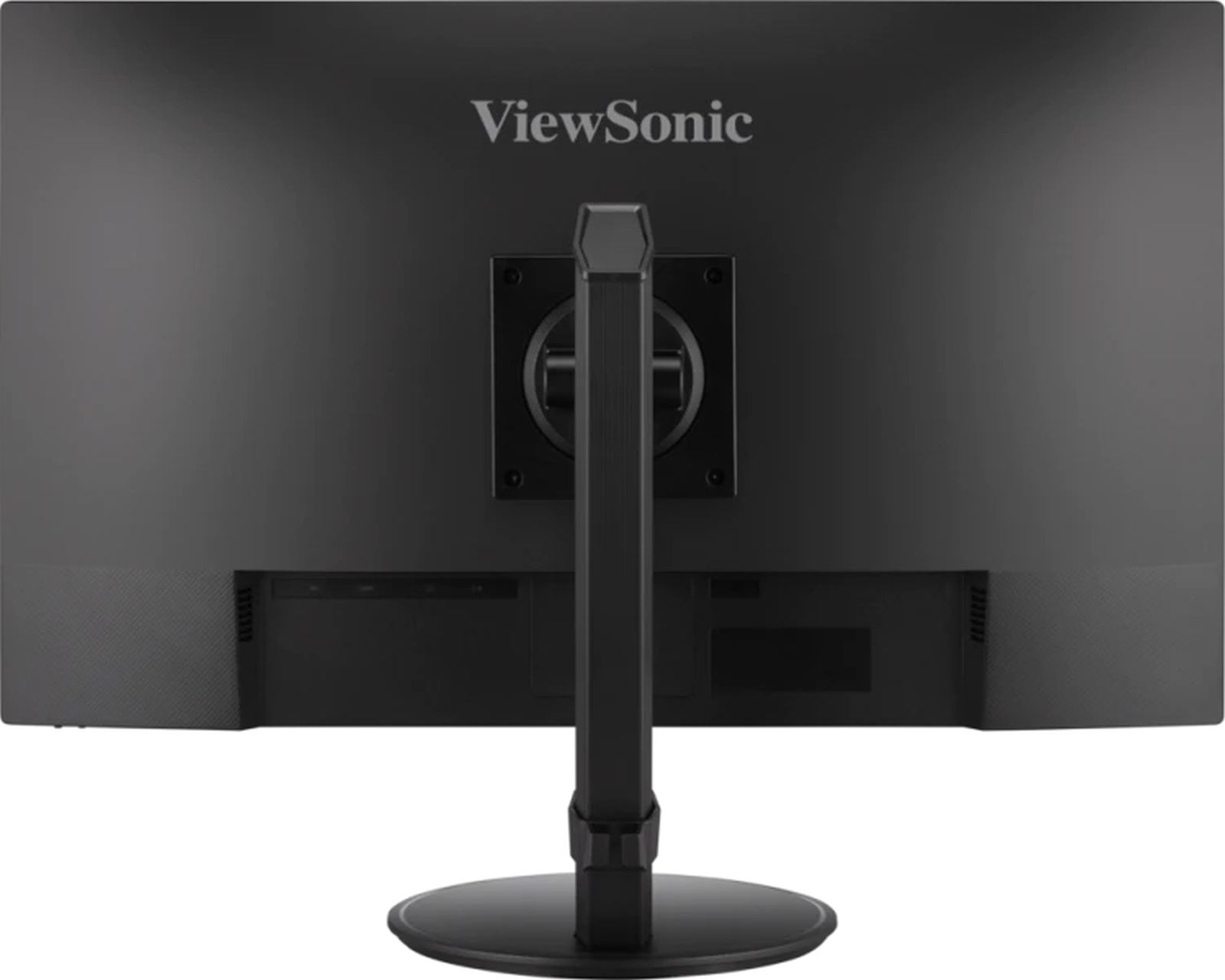 Vista posteriore di un monitor ViewSonic nero con supporto e porte visibili. Il logo è al centro.