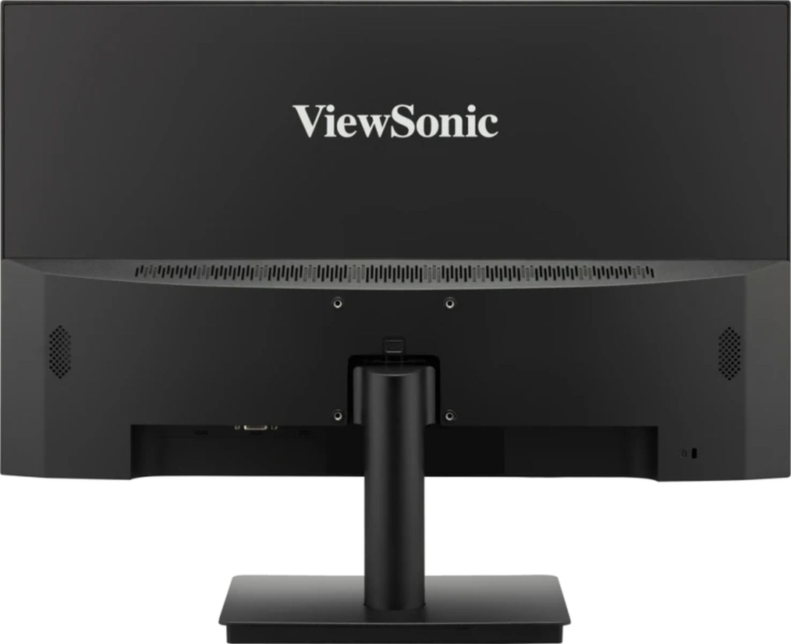 Retro di un monitor ViewSonic nero con supporto. Porte e logo visibili.