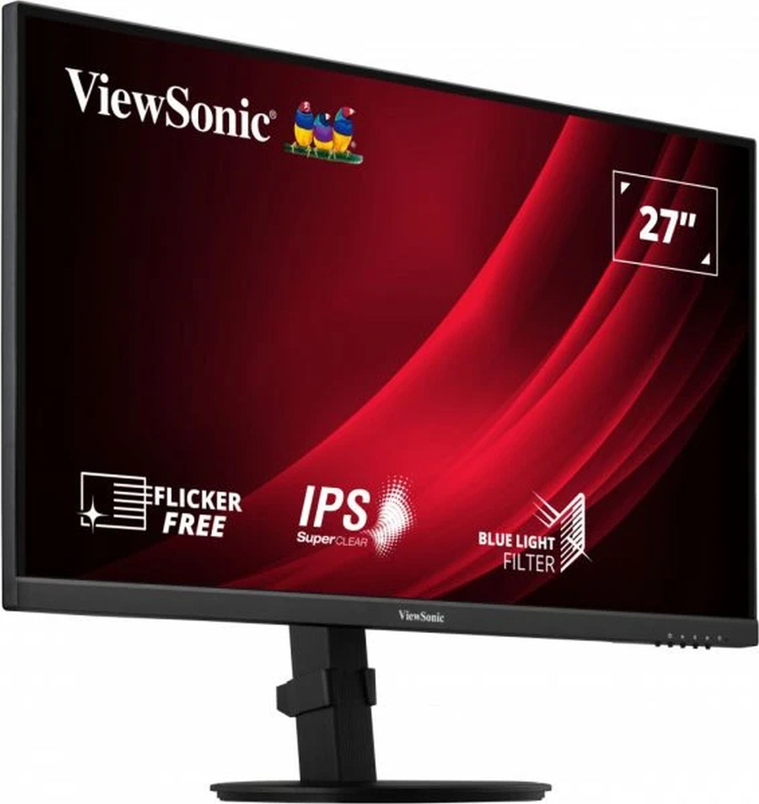 Een zwarte computermonitor met een rood scherm, het merk is ViewSonic. Het heeft een blauwlichtfilter.