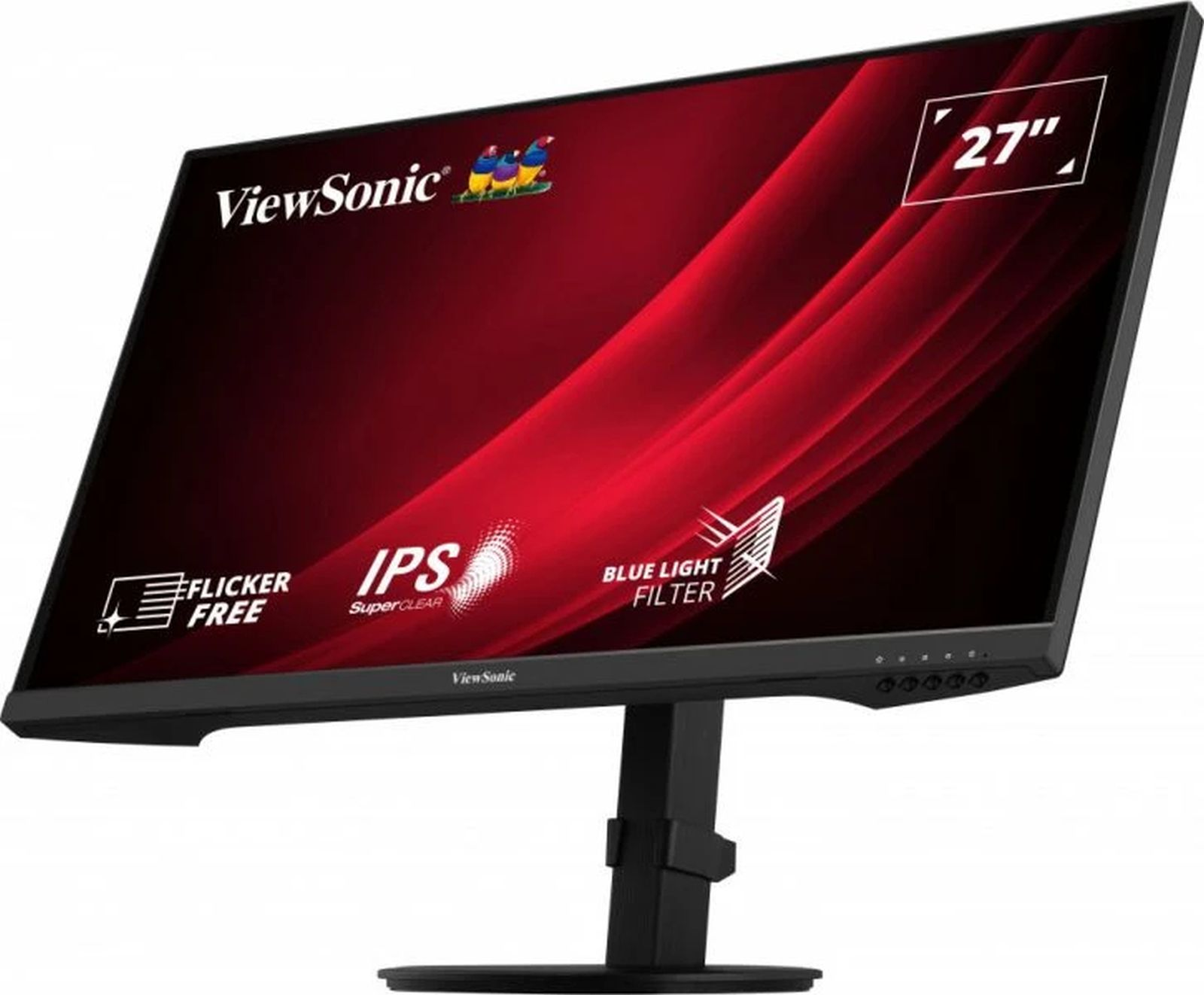Een zwarte computermonitor met rood en zwart scherm met een ViewSonic logo.