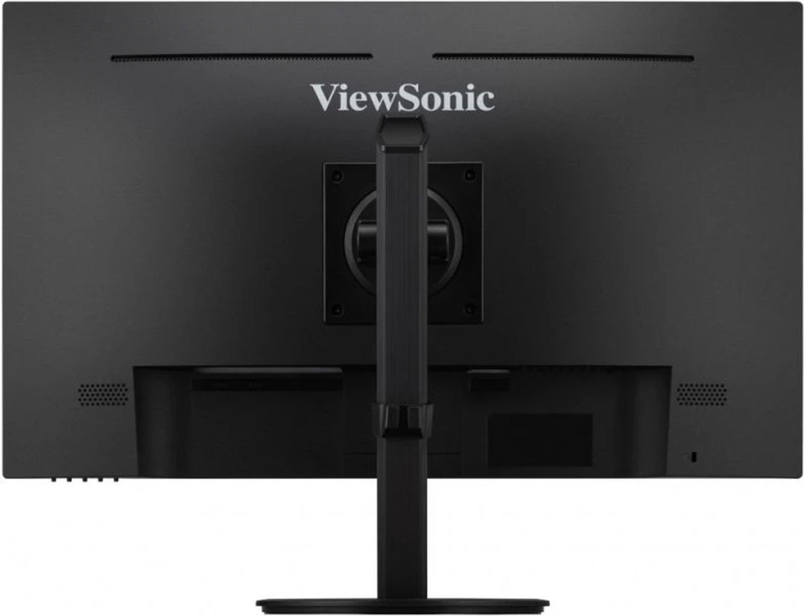 Achterkant van een zwarte ViewSonic monitor met een standaard. De merknaam staat bovenaan.