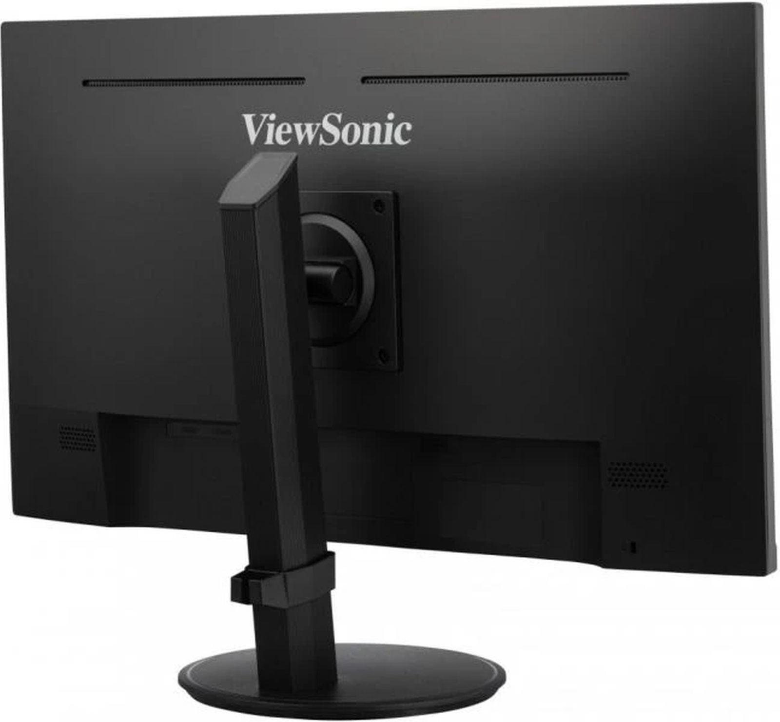 Achteraanzicht van een zwarte ViewSonic monitor op een standaard. Het heeft een zwarte achterkant en voet.