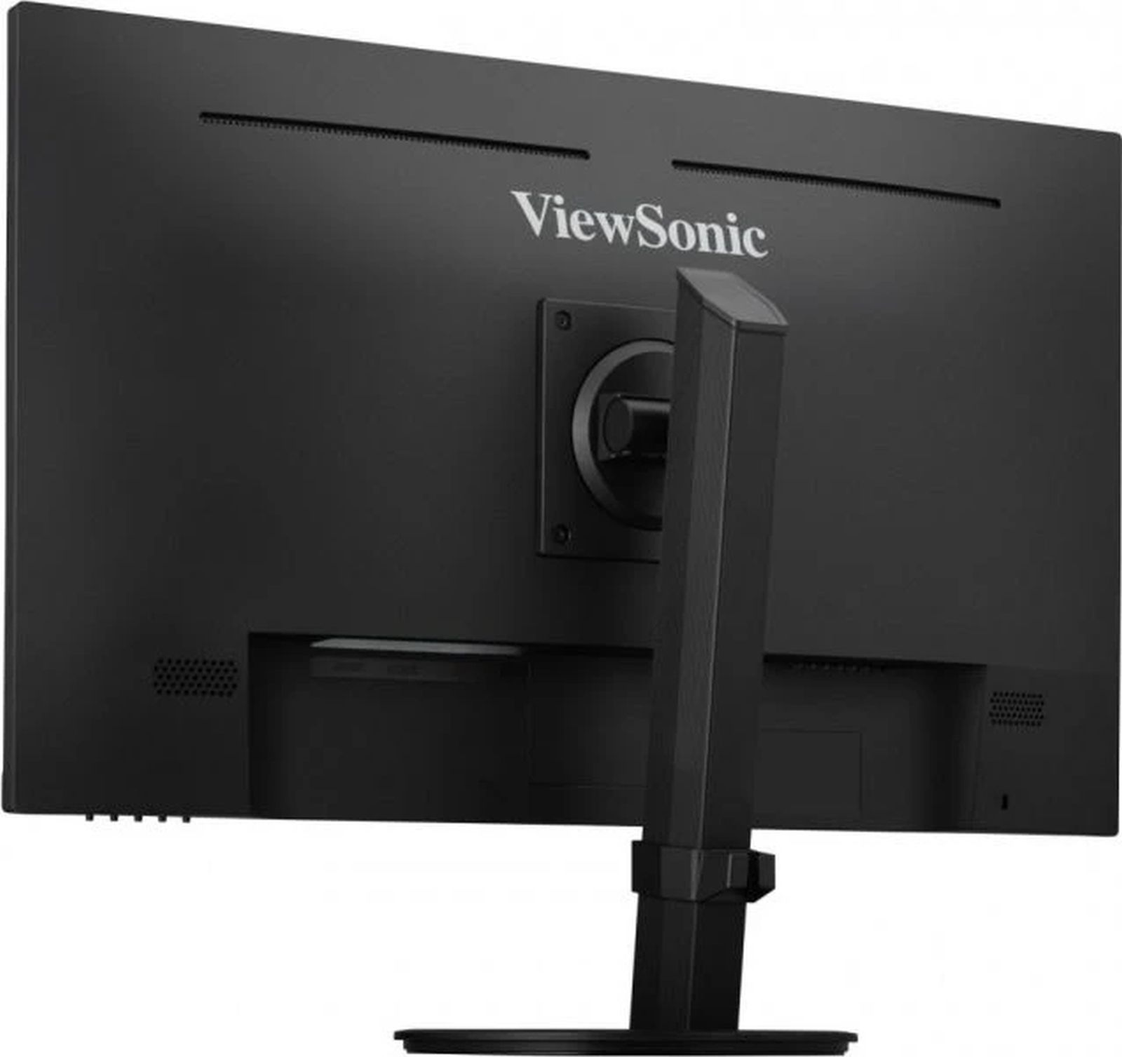 De achterkant van een zwarte ViewSonic monitor met een standaard, tegen een donkere achtergrond.
