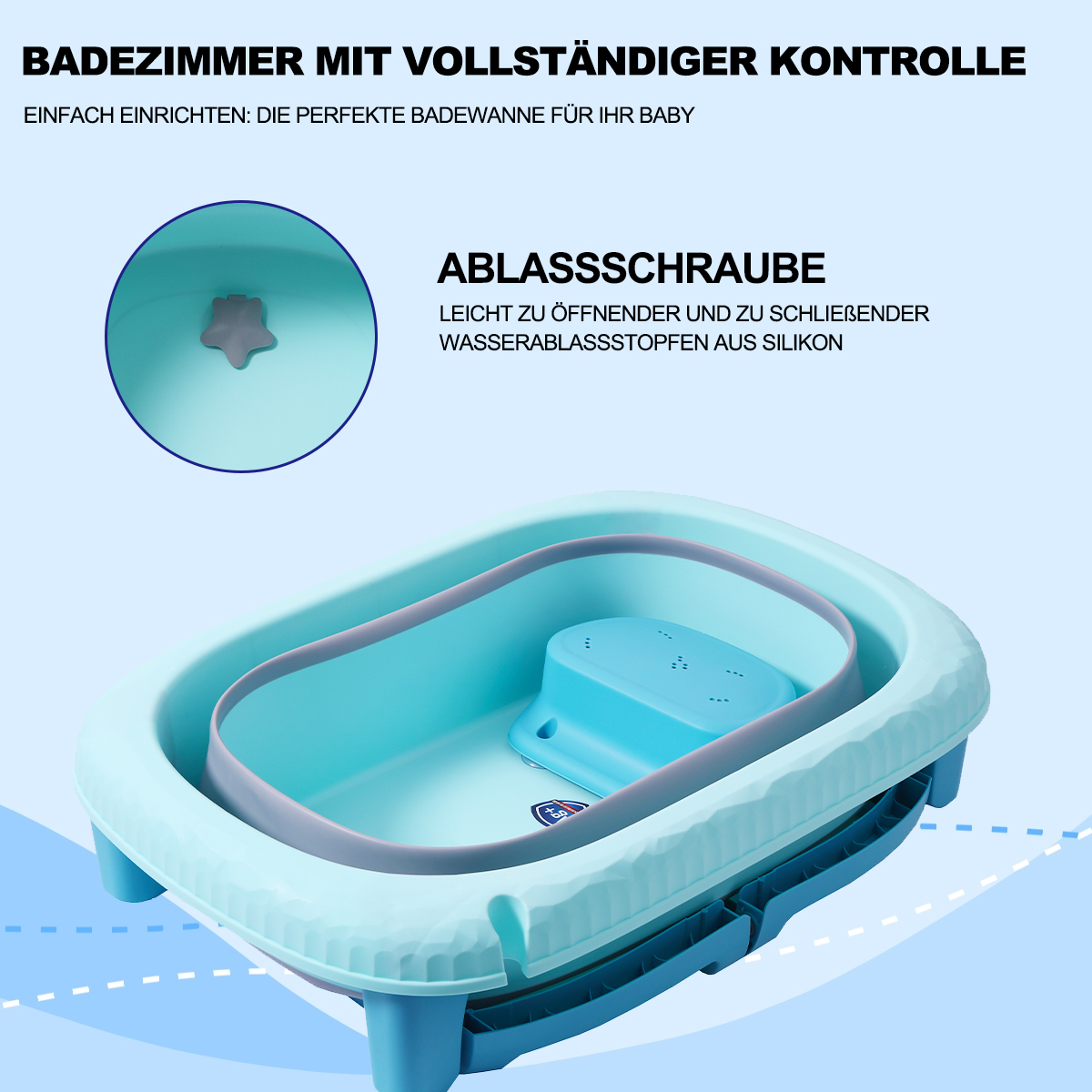 Babybadewanne, blau und weiß. Die Wanne ist zusammenklappbar. Es gibt einen Ablaufstopfen.