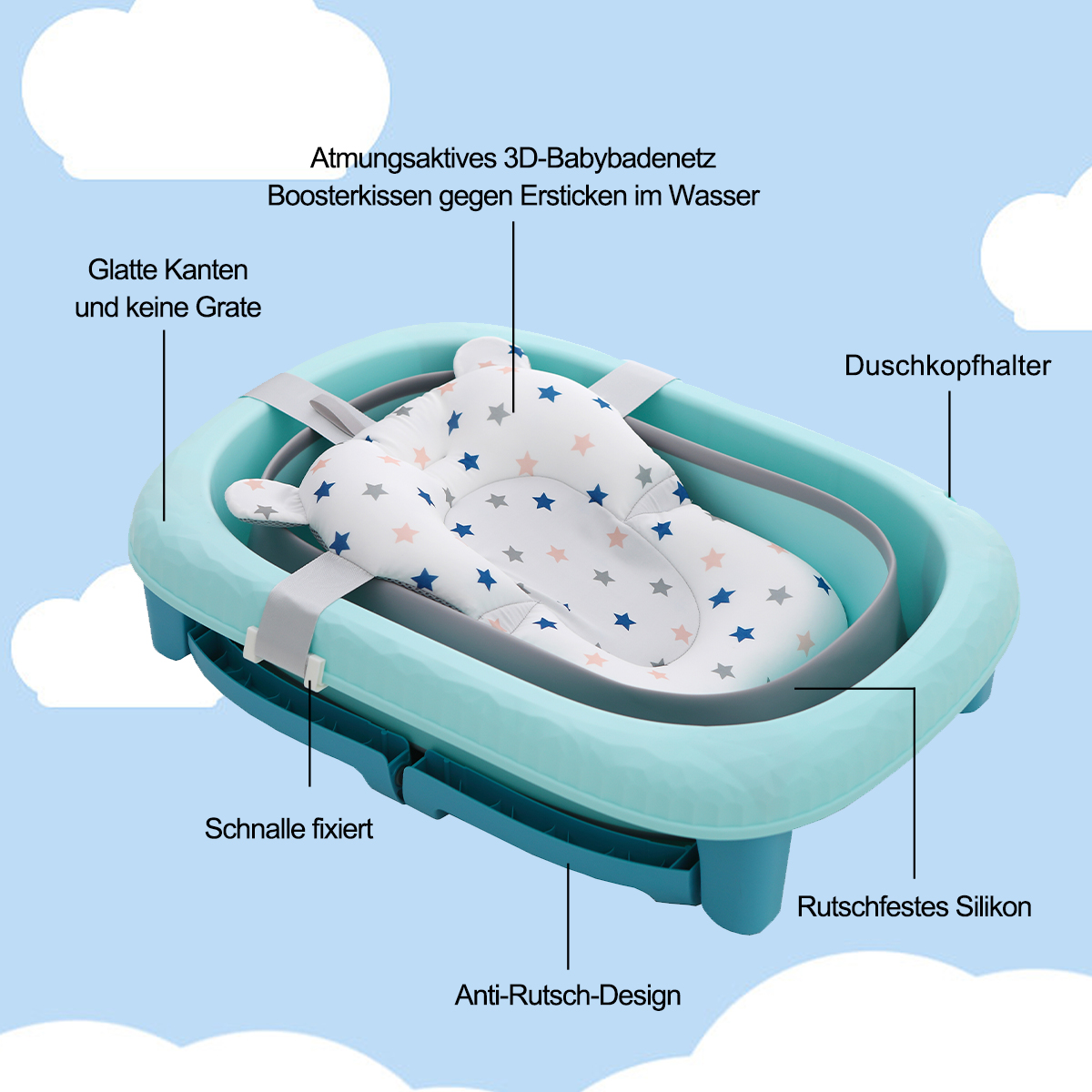Baby-Badewanne mit Sternenmuster-Kissen. Die Wanne ist türkis mit blauem Hintergrund.