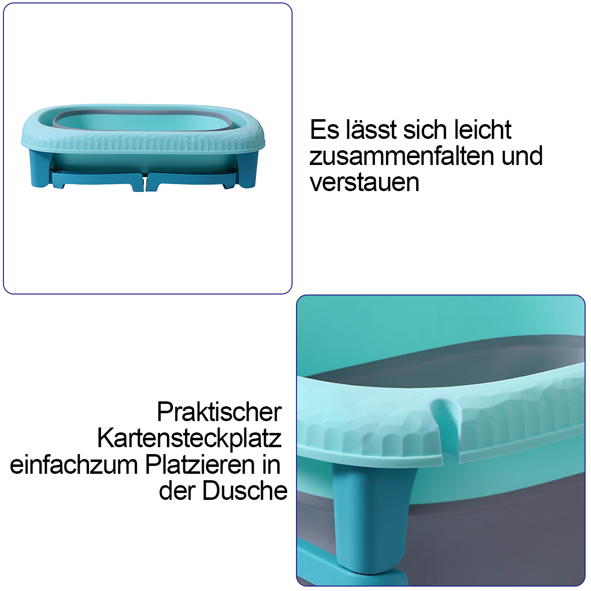 Fotos einer zusammenklappbaren Babybadewanne mit Textbeschreibungen.
