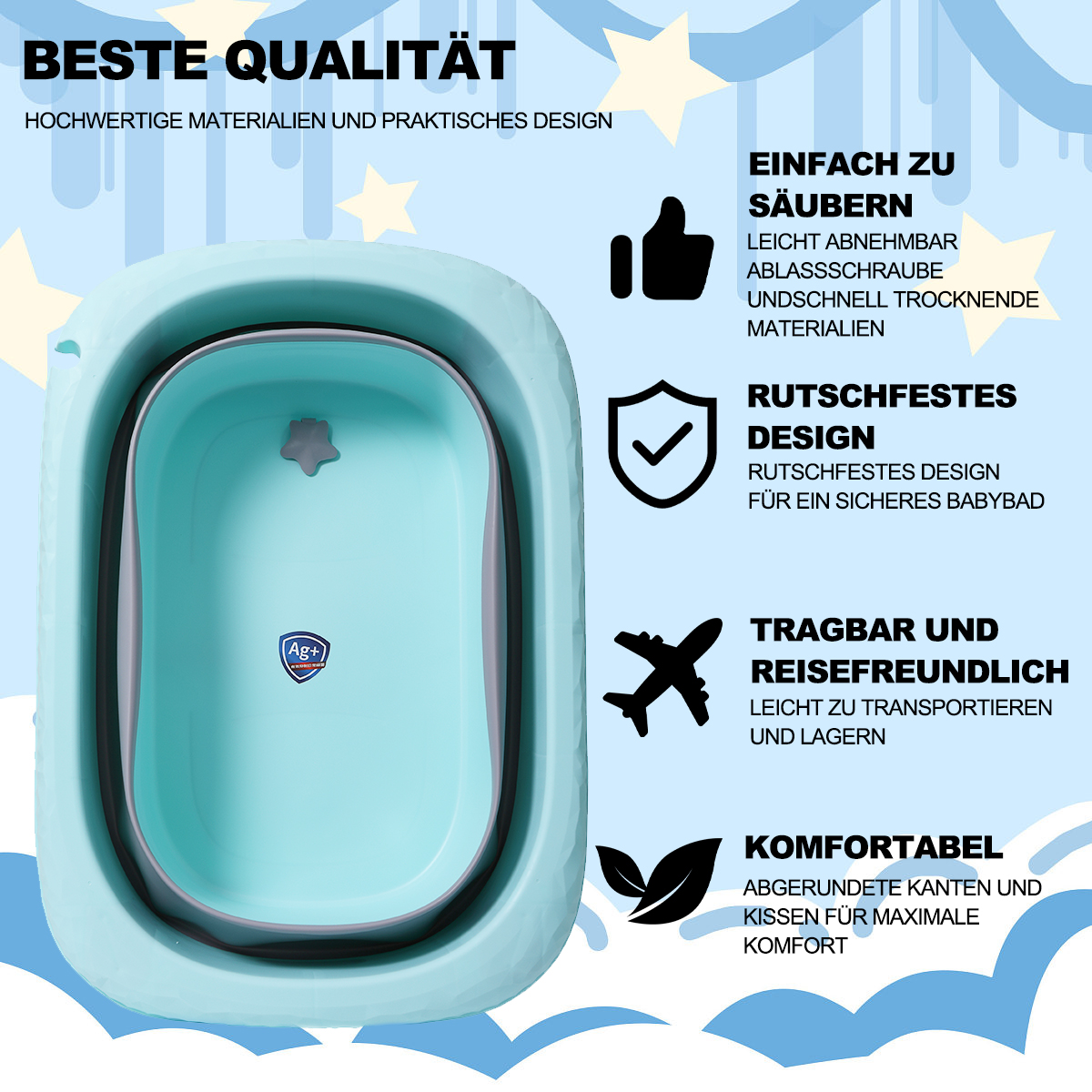 Eine blaue Babybadewanne mit beschrifteten Merkmalen, darunter 'leicht zu reinigen' und 'tragbar'.