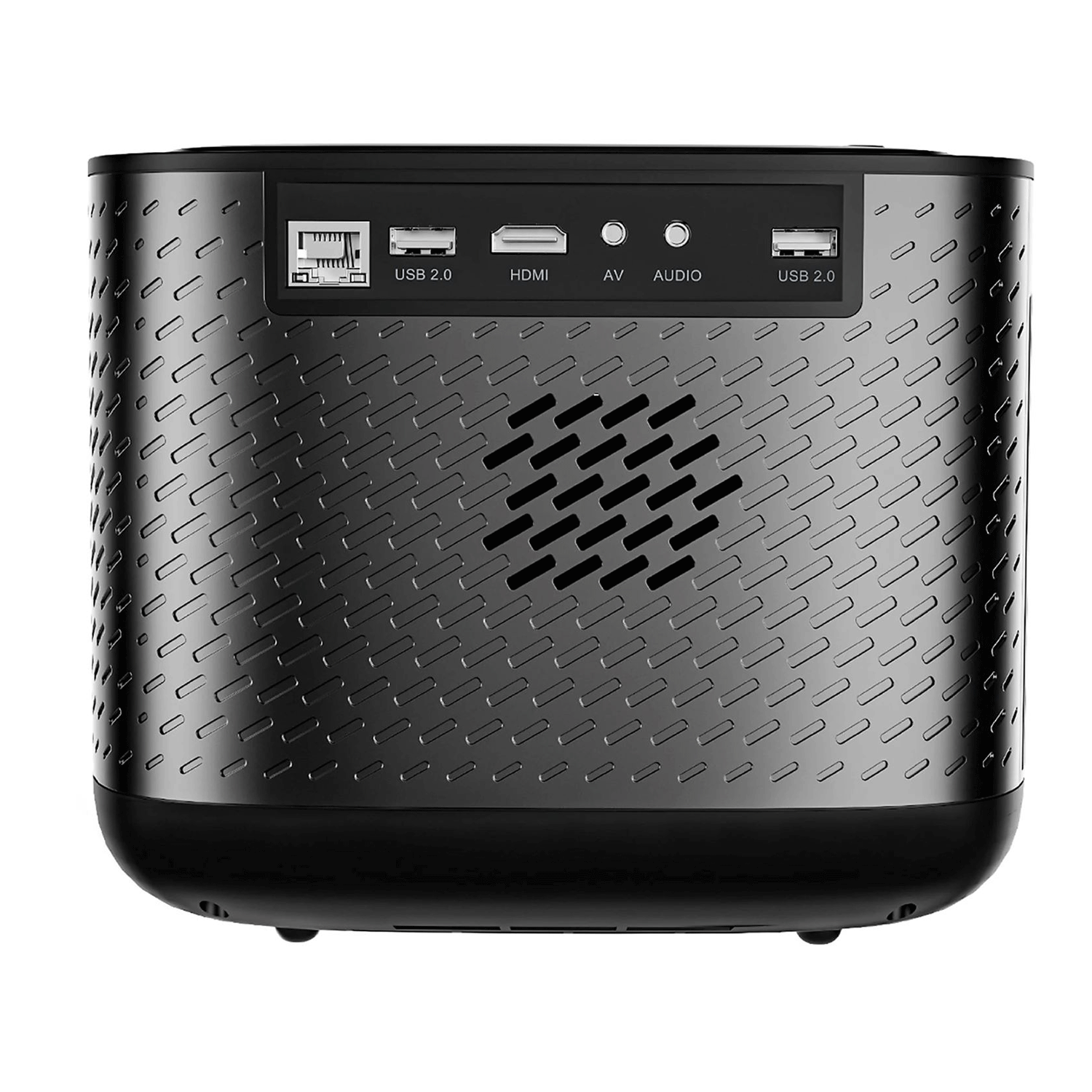 Un proiettore nero con diverse porte di connessione, tra cui USB, HDMI, AV e audio, è mostrato da dietro.