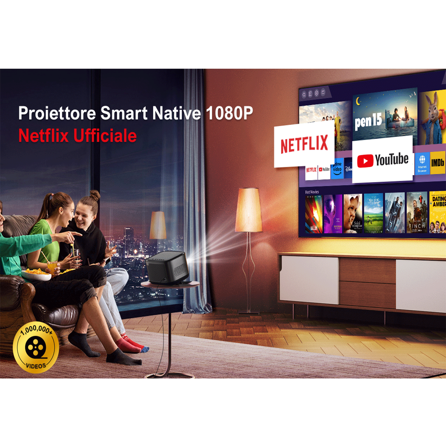 Soggiorno con proiettore e persone che guardano un film. Testo sullo schermo: Netflix.
