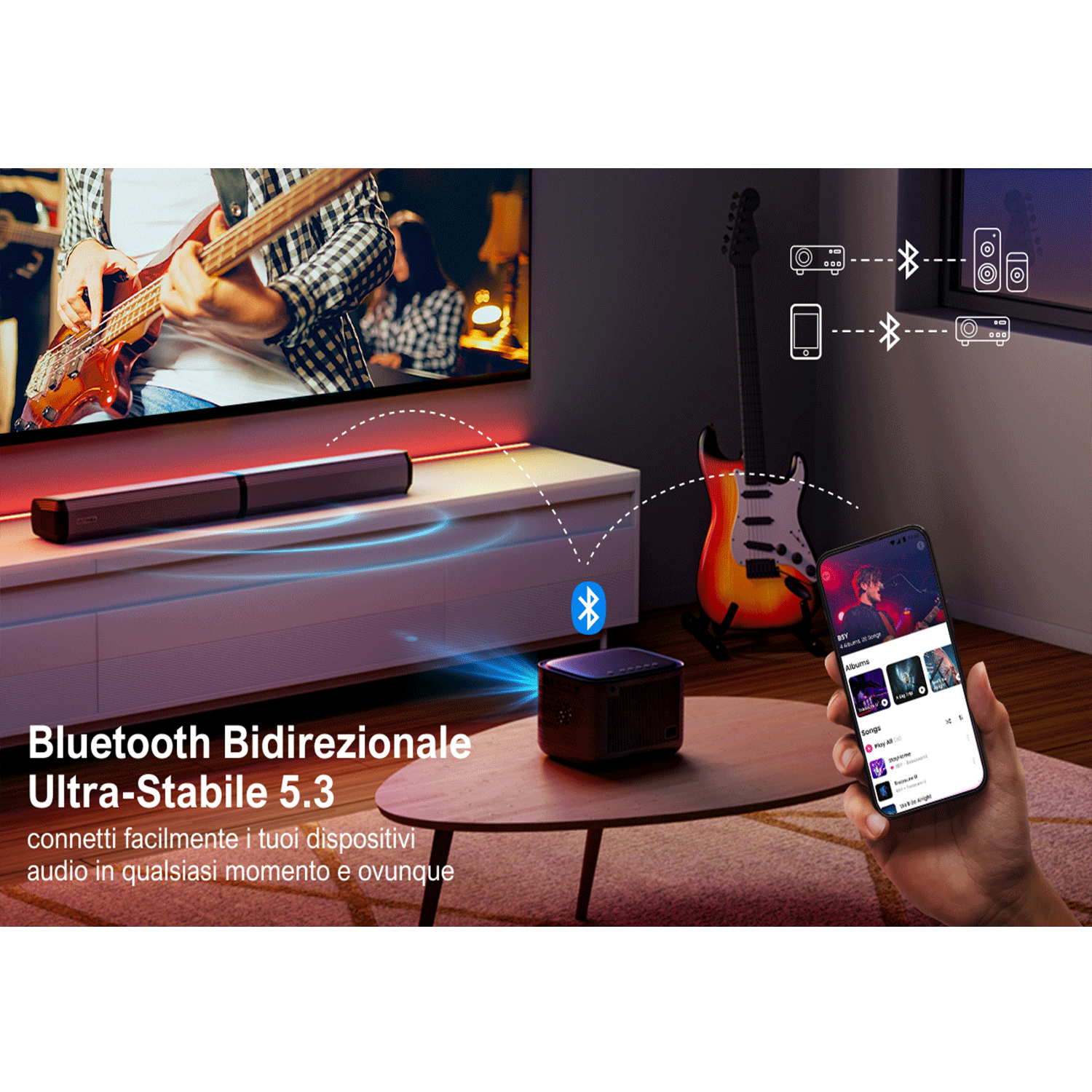 Un soggiorno con TV, soundbar e smartphone che si connette tramite Bluetooth.