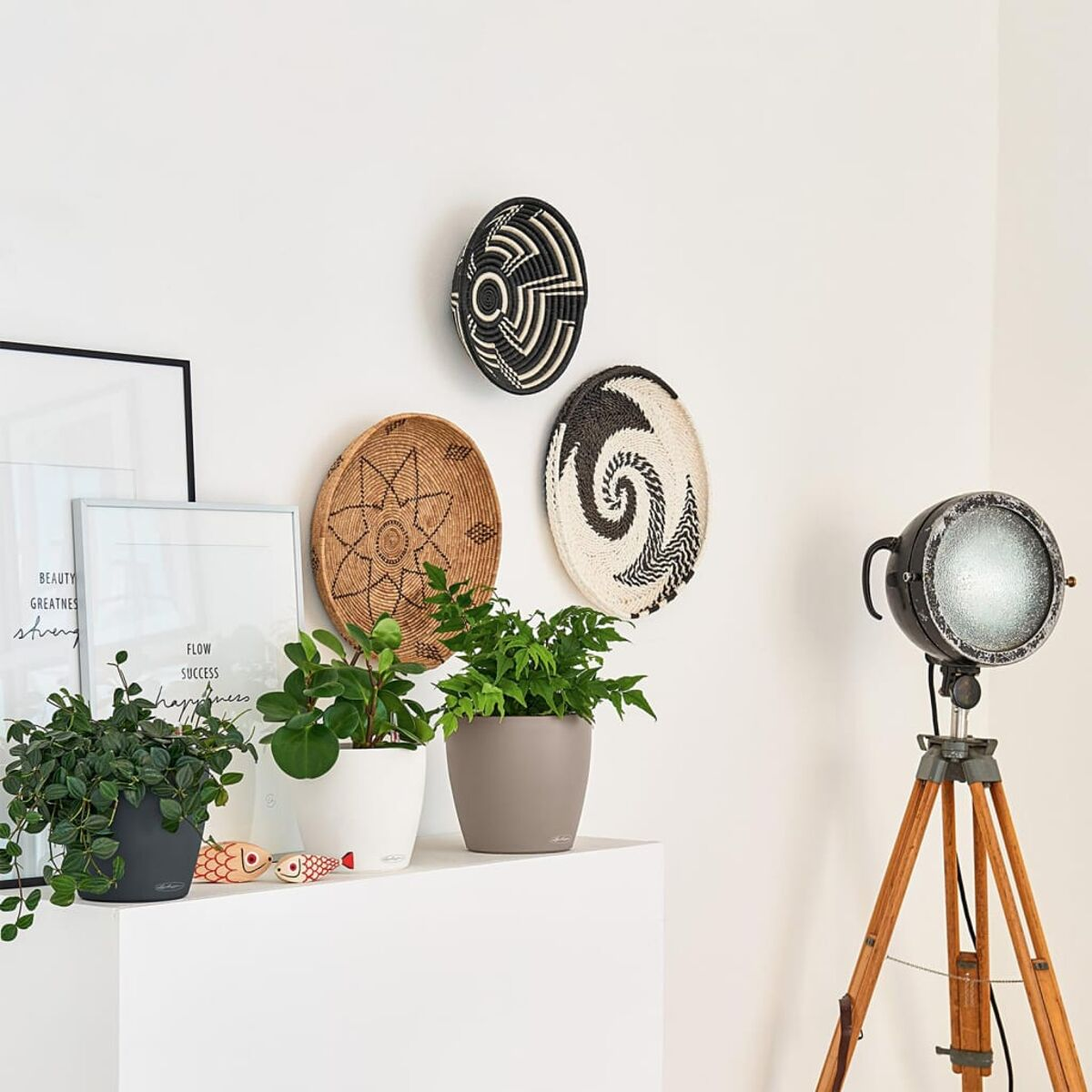 Décoration intérieure : trois décorations murales tissées, des plantes et un projecteur vintage.