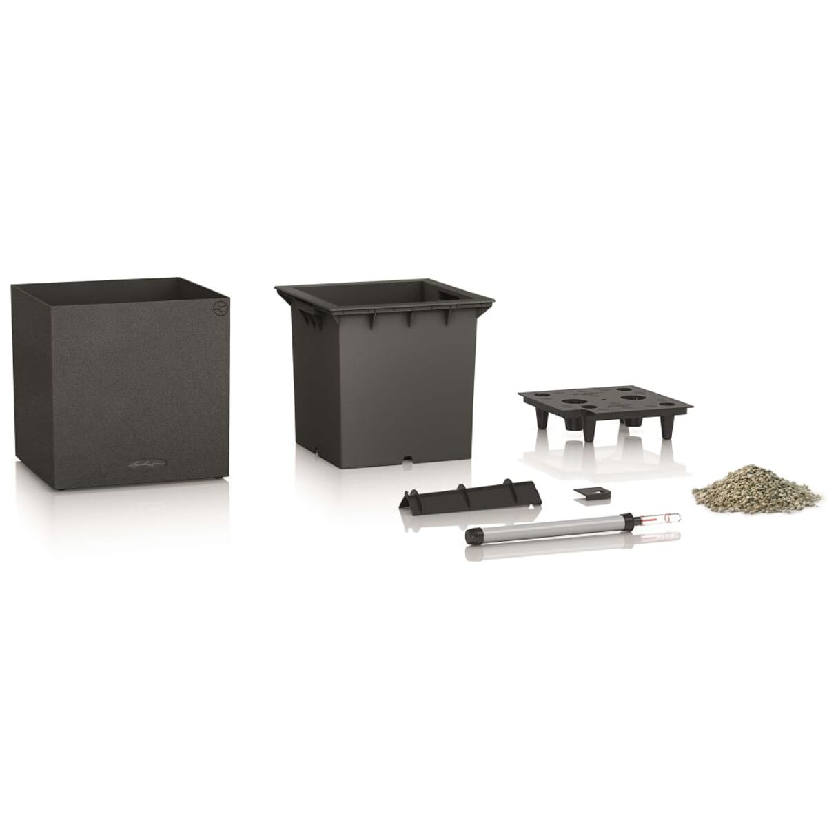Pot de fleurs carrés noirs et accessoires: une plateforme, indicateur de niveau d'eau.
