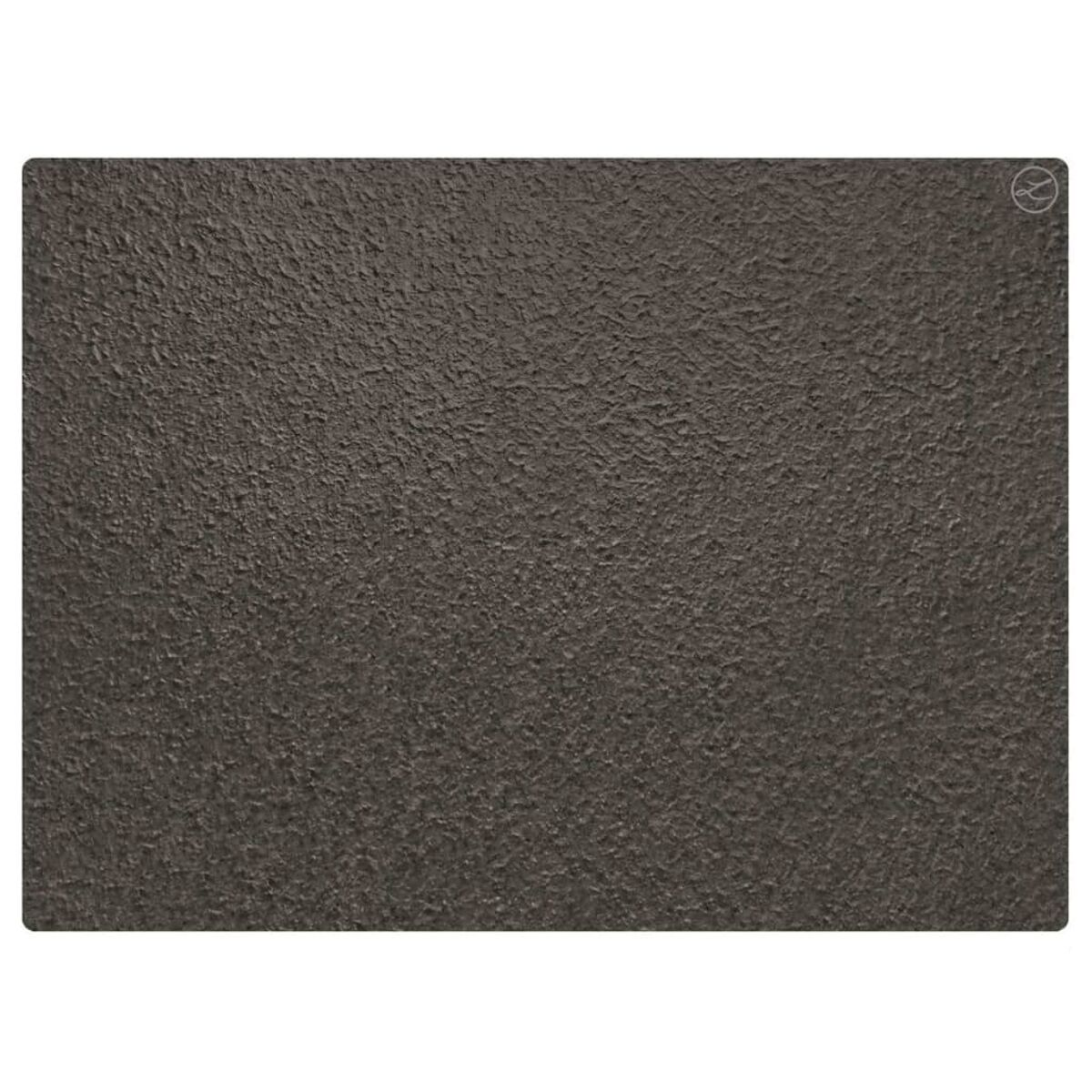 Planche à découper texturée gris foncé. Vue de dessus. Coins arrondis, logo dans le coin.