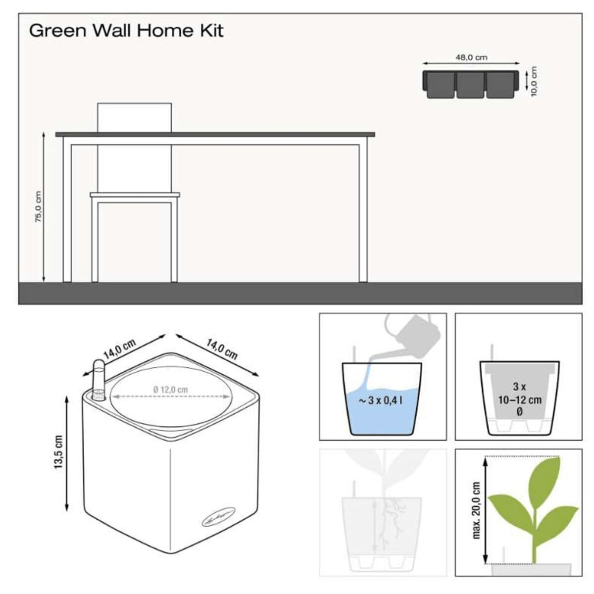 Diagramme d'un kit maison mur végétal. Il comprend une table, une chaise, des pots et des dimensions.