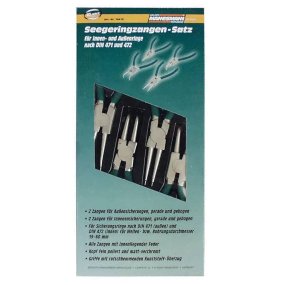 Zestaw szczypiec w pudełku z tekstem w języku niemieckim i angielskim.