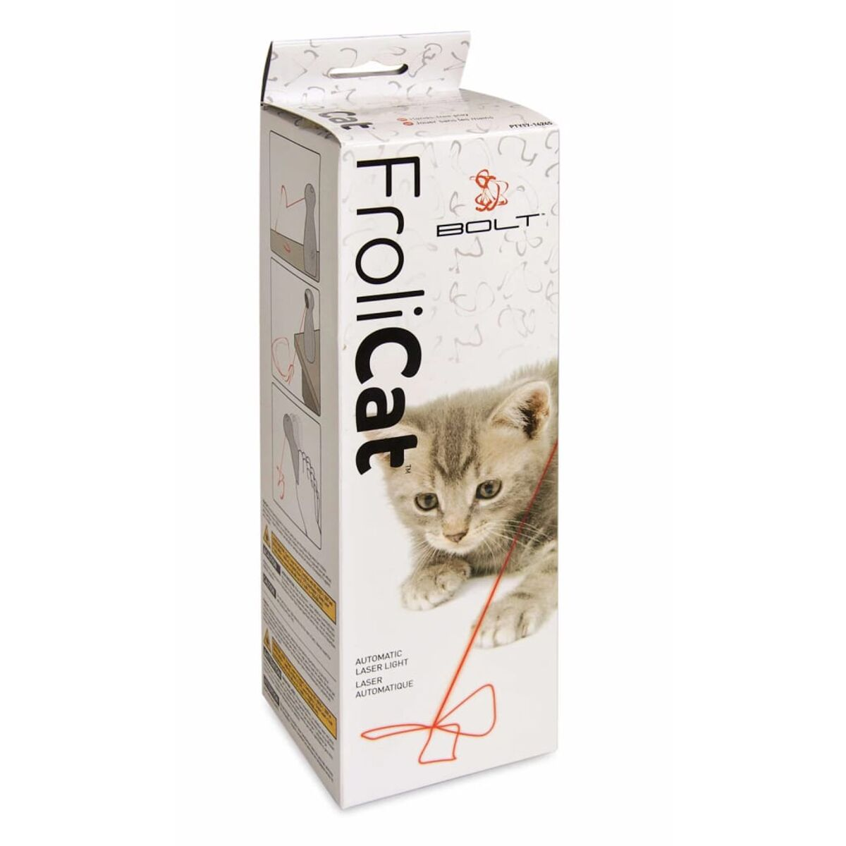 Un tiragraffi per gatti in una scatola, con un'immagine di gatto e dettagli del prodotto.
