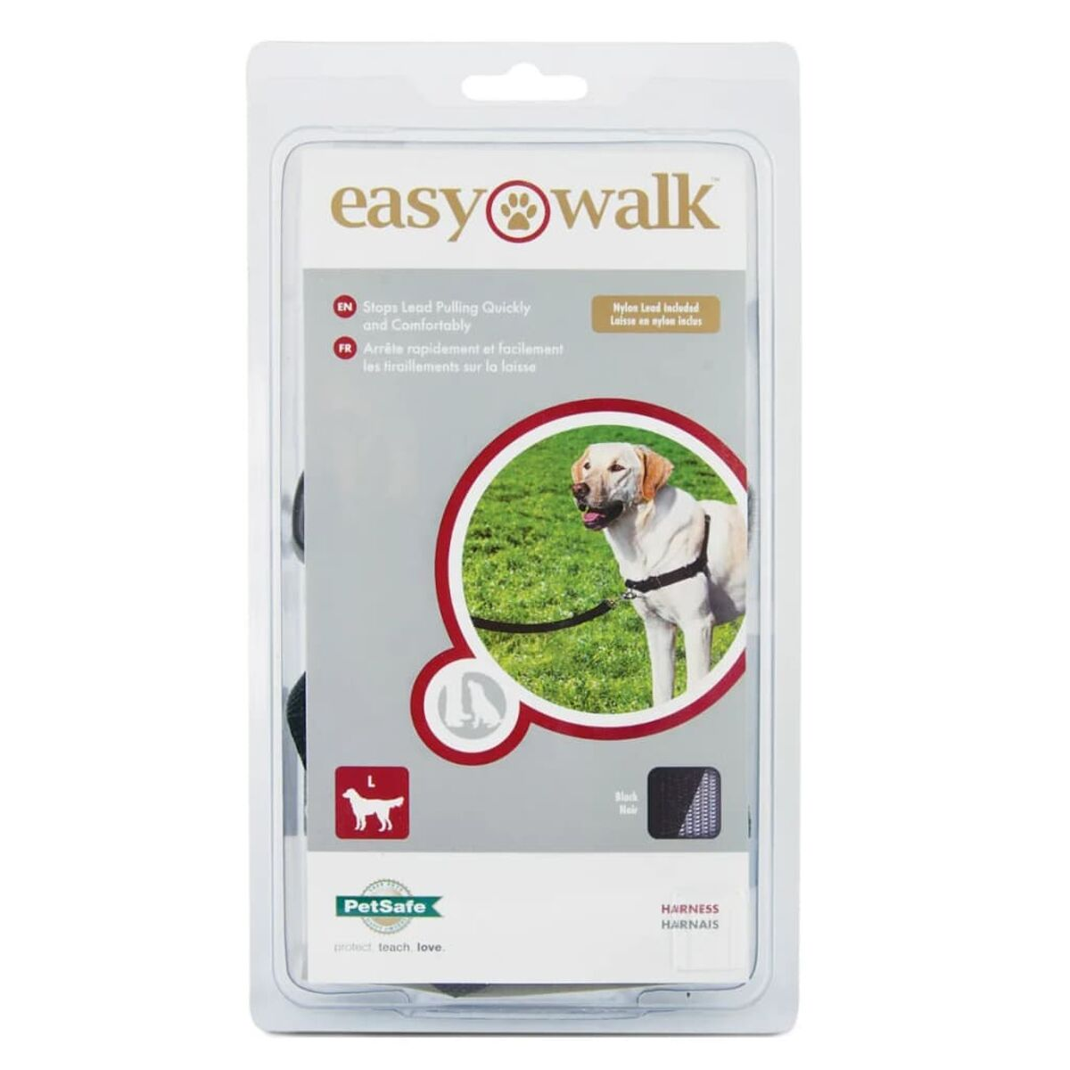 Hundegeschirr-Verpackung. Enthält das Geschirr und zeigt Bilder eines Hundes, der es trägt. Text: 'Easy Walk'.